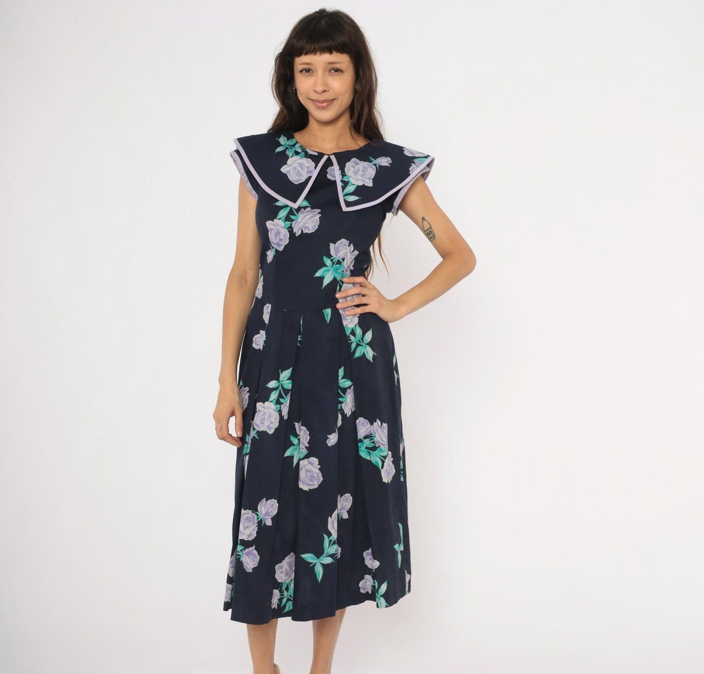80s Kathryn Conover Floral Midi Dress Sailor Collar Cotton Purple Rose Extra Small XS