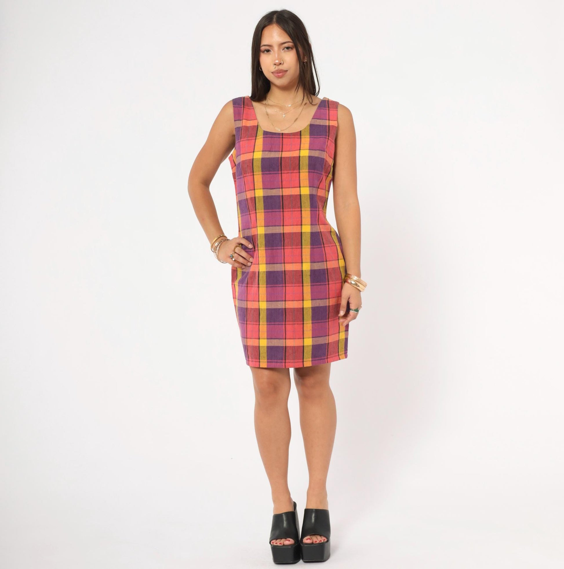 90s For Petes Sake Plaid Mini Dress Linen Scoop Neck Purple Yellow Pink Small