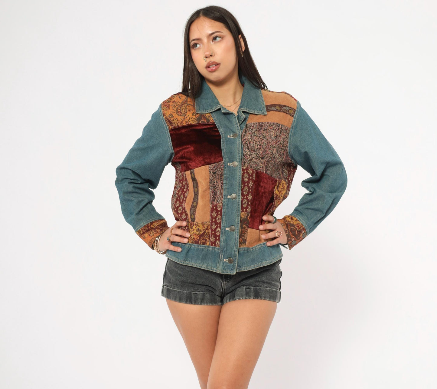 2000s Out Of The Blue Patchwork Denim Jacket Velvet Corduroy Paisley Small S