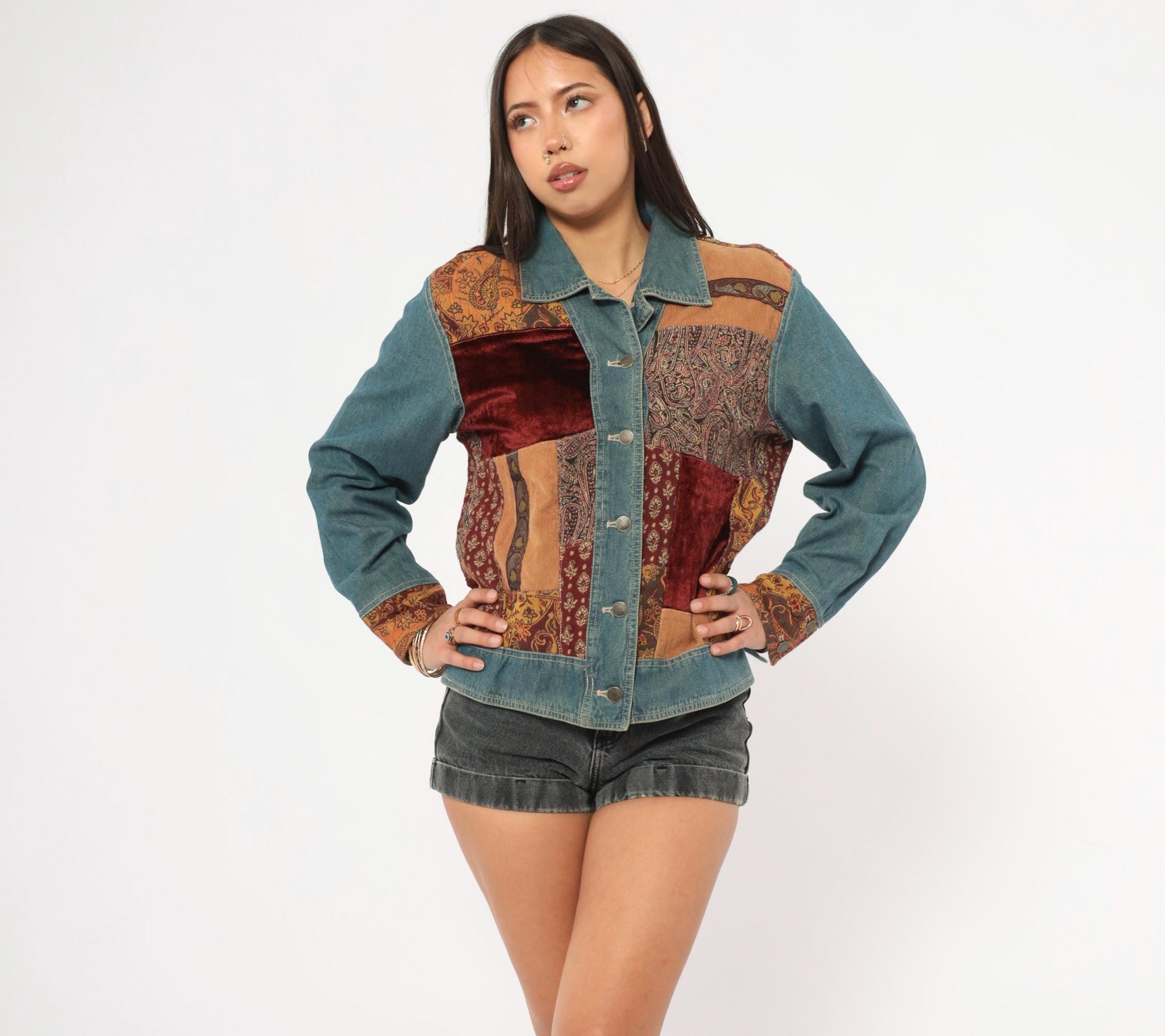 2000s Out Of The Blue Patchwork Denim Jacket Velvet Corduroy Paisley Small S