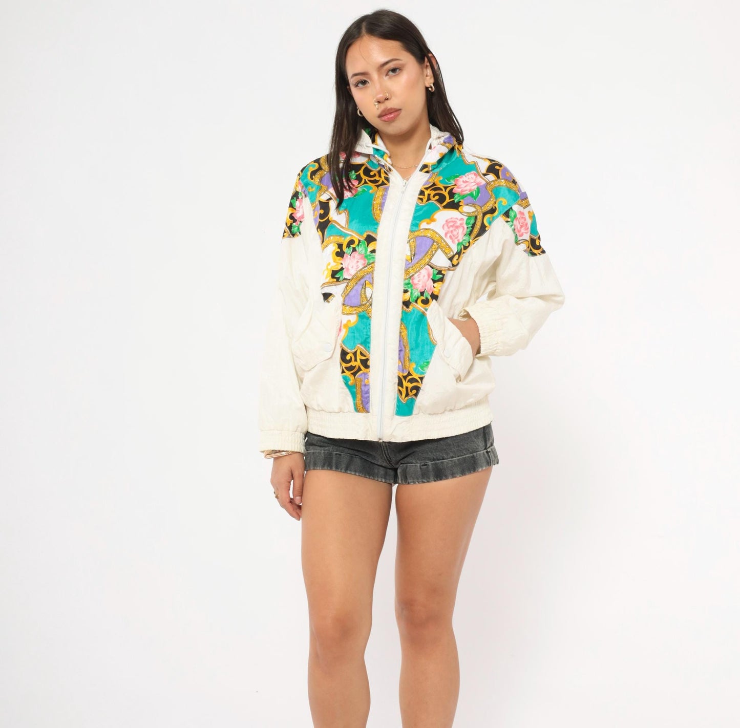 90s Sunterra Petite Baroque Rose Windbreaker Jacket Teal Gold Purple Pink Small