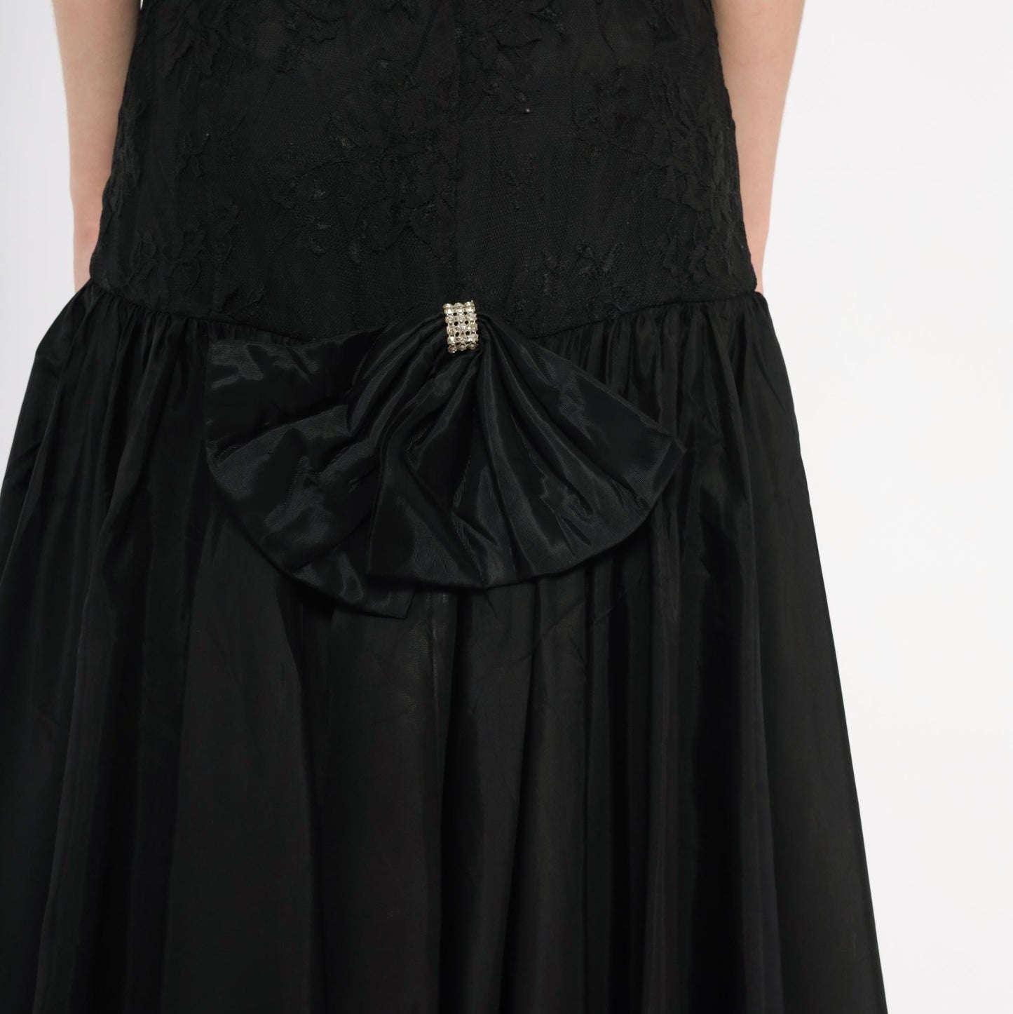 80s Jolie Madame Black Strapless Gown Lace Bodice Rhinestone Trim Small