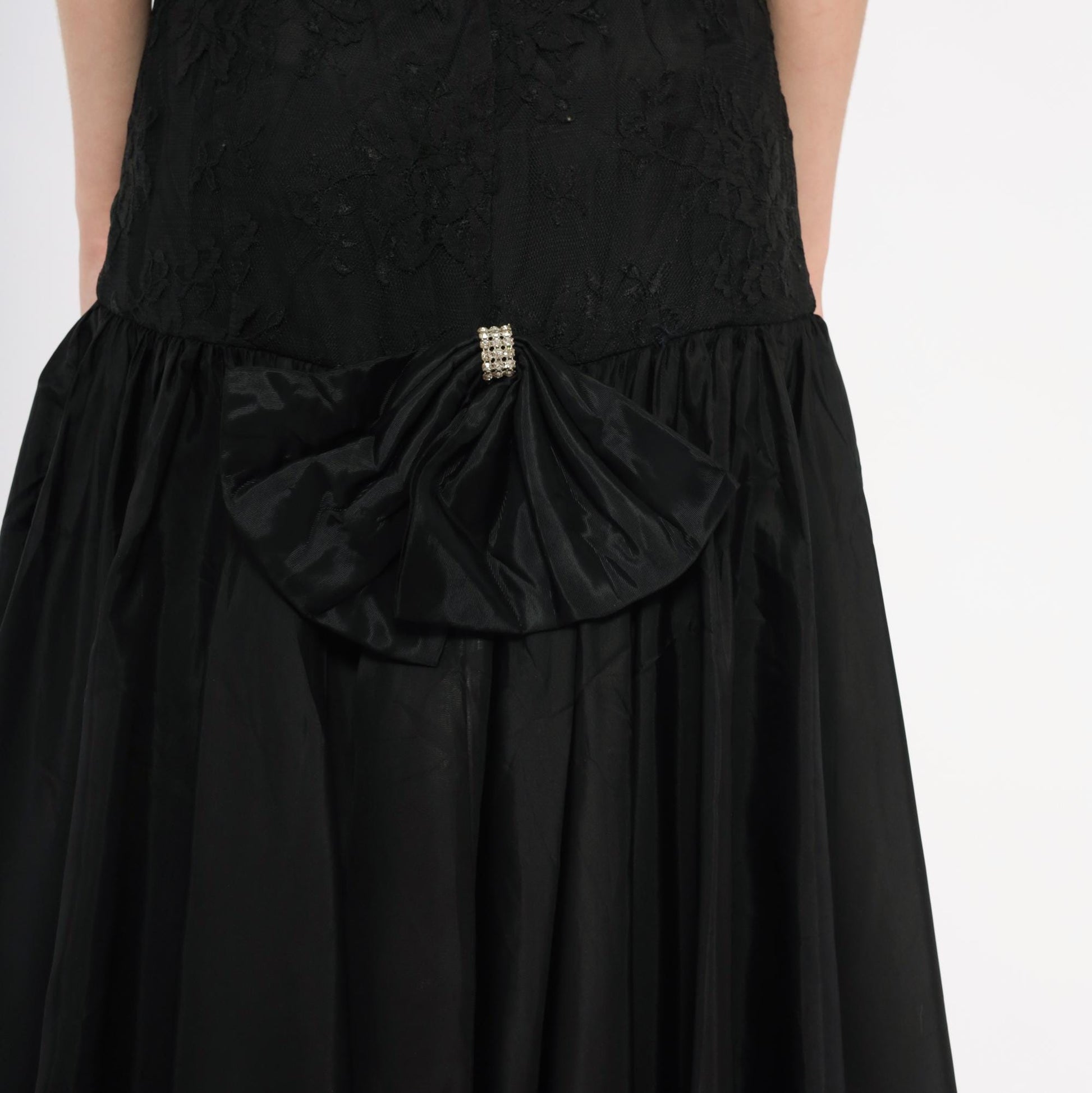80s Jolie Madame Black Strapless Gown Lace Bodice Rhinestone Trim Small