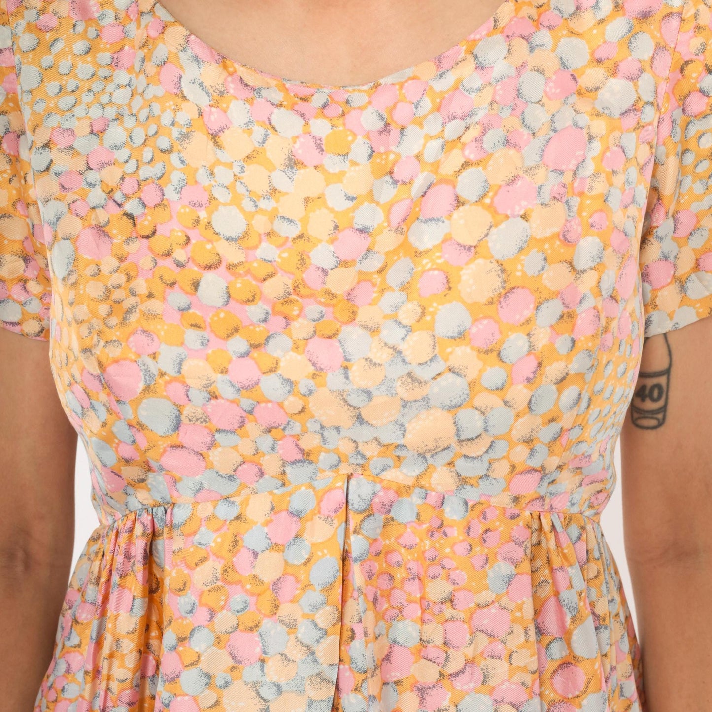 60s Silk Babydoll Dress Pebble Print Orange Pink Blue Mini Scoop Neck Medium M