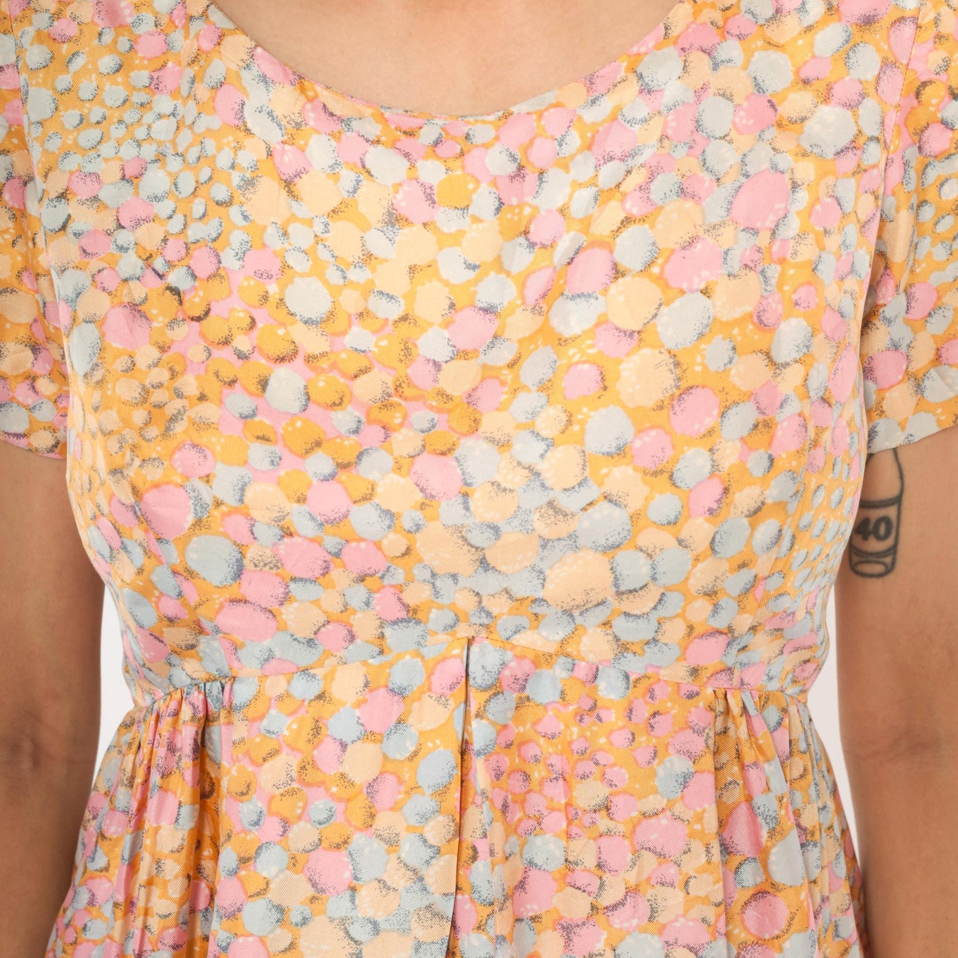 60s Silk Babydoll Dress Pebble Print Orange Pink Blue Mini Scoop Neck Medium M