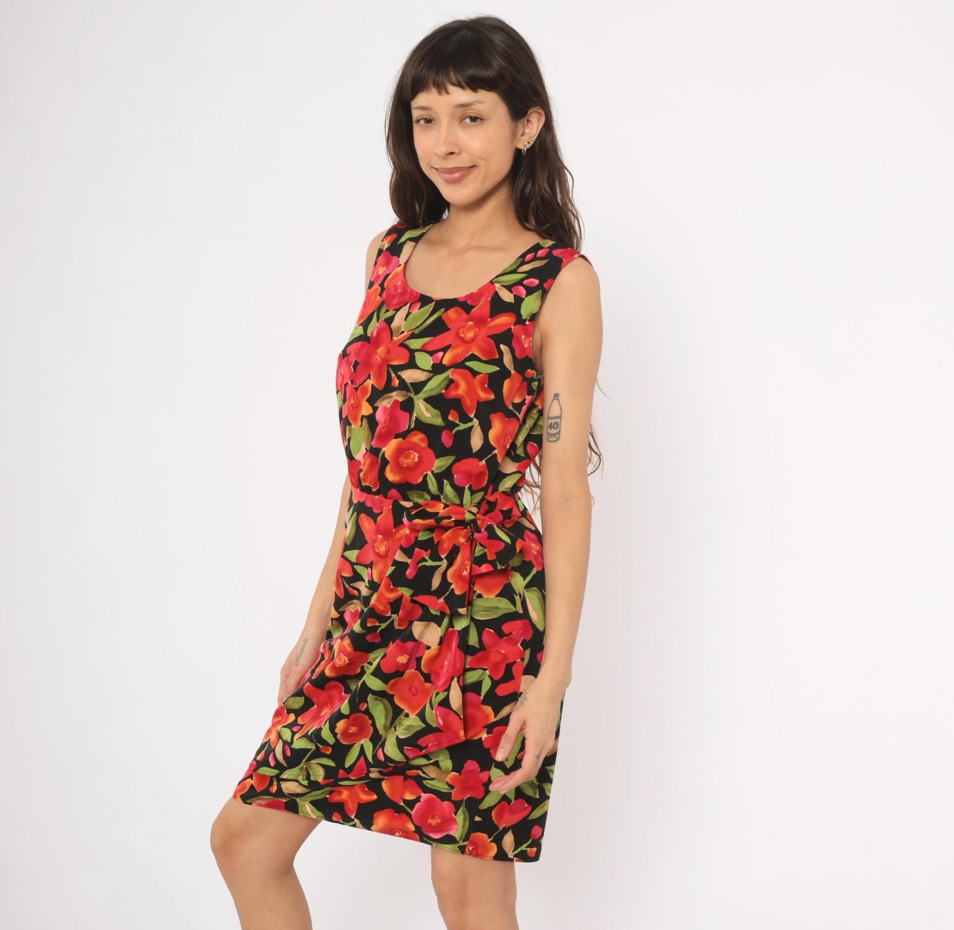 90s Sag Harbor Floral Wrap Dress Knee Length Black Red Tropical Medium M