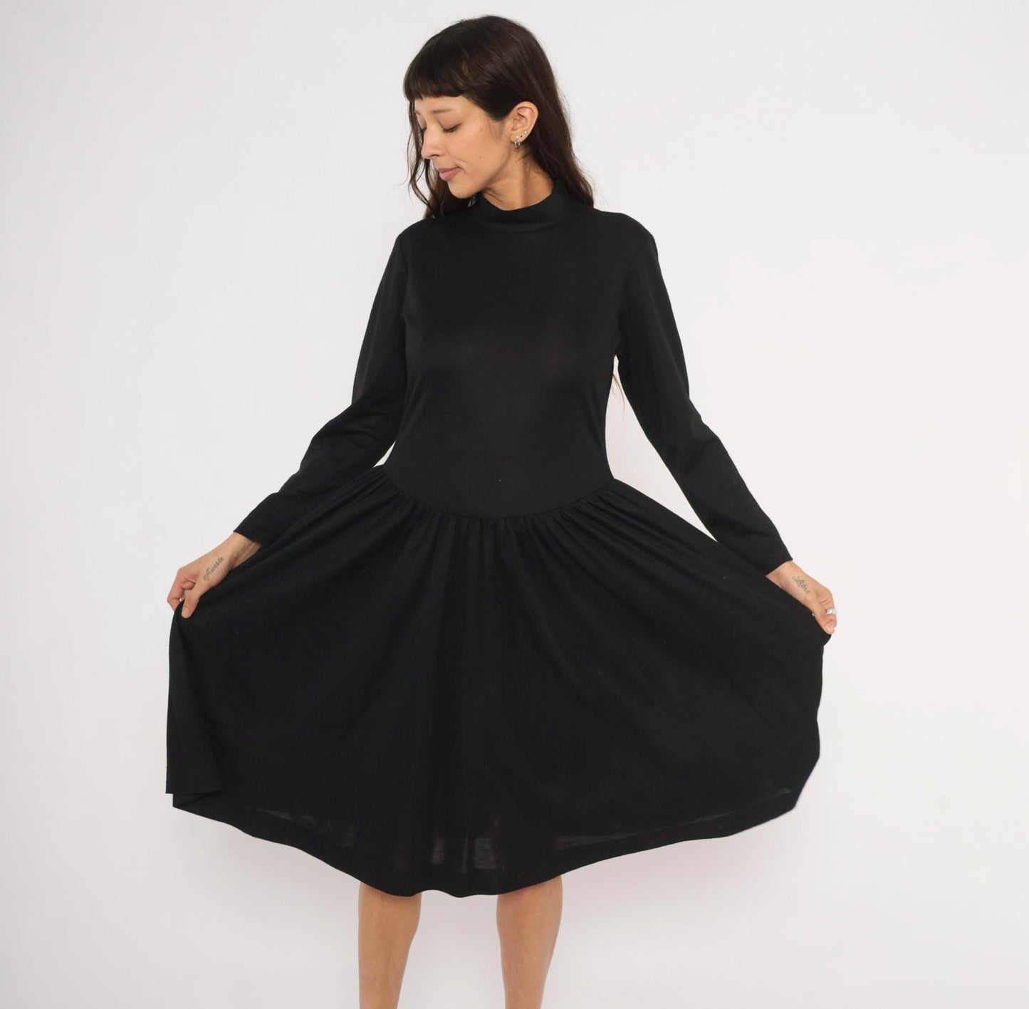 80s Vicky Vaughn Mock Neck Dress Black Drop Waist A-Line Medium M