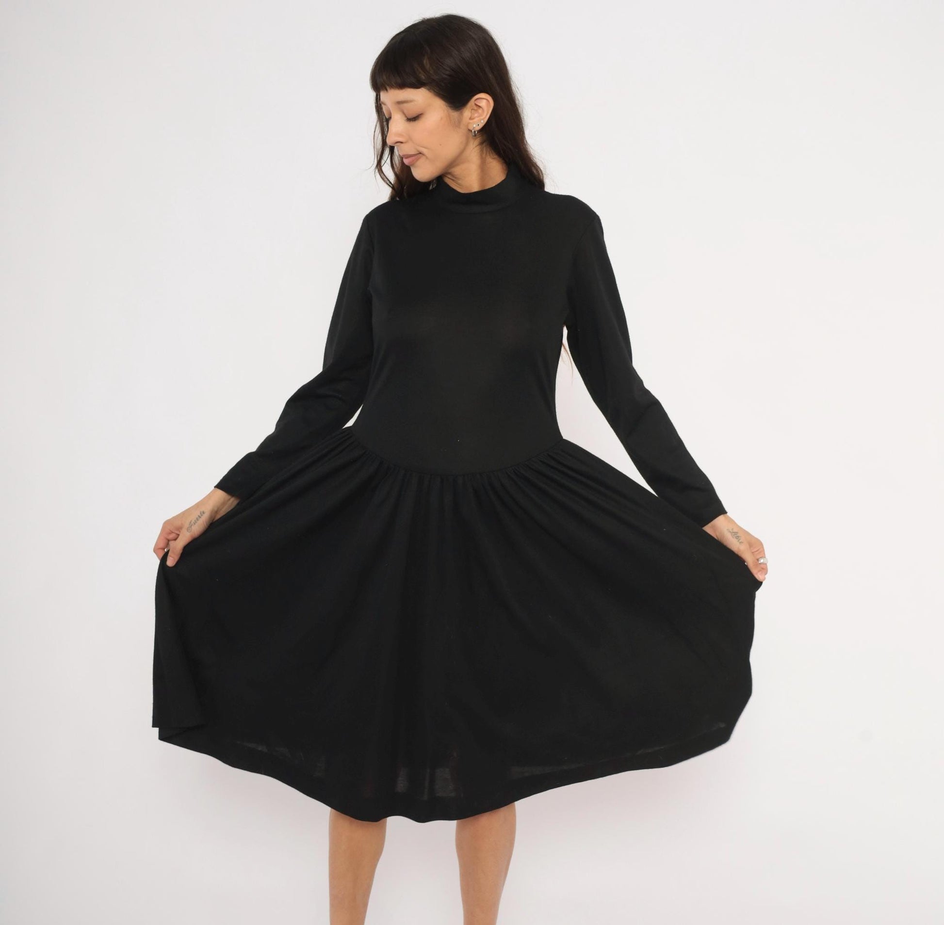 80s Vicky Vaughn Mock Neck Dress Black Drop Waist A-Line Medium M