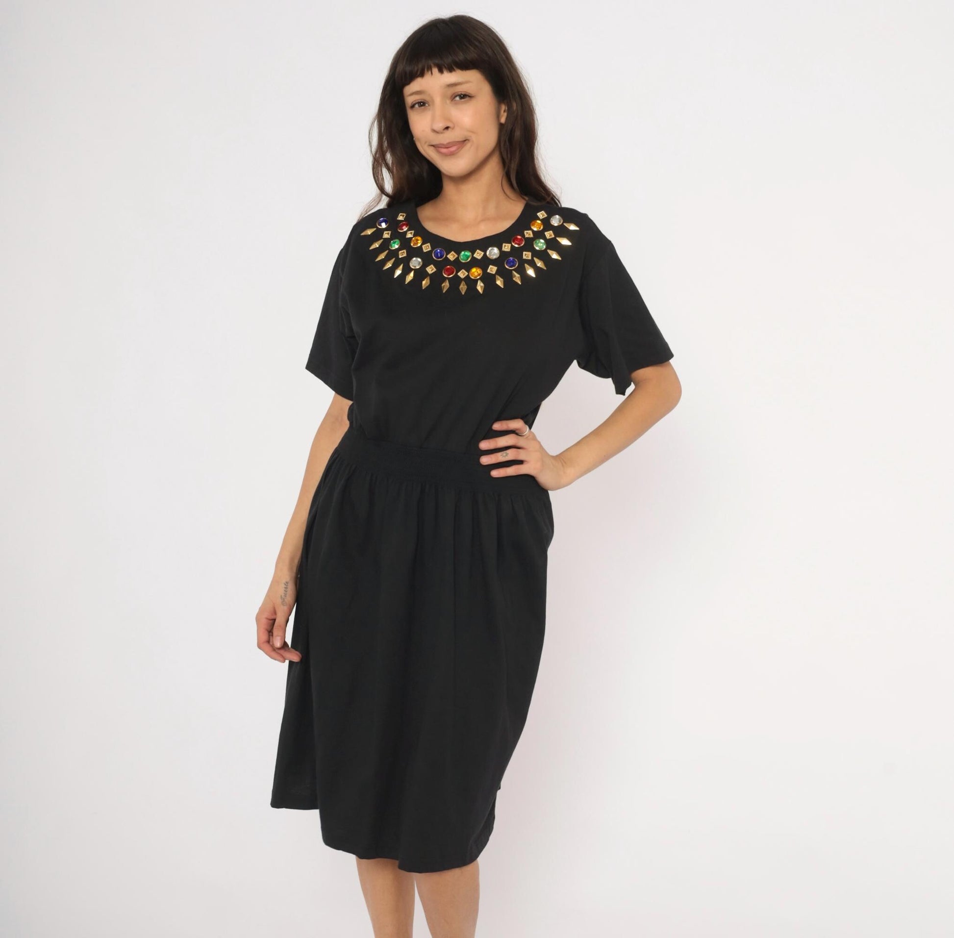 90s Cervelle Black Knee-Length Dress Rhinestone Jeweled Neckline Cotton Large L