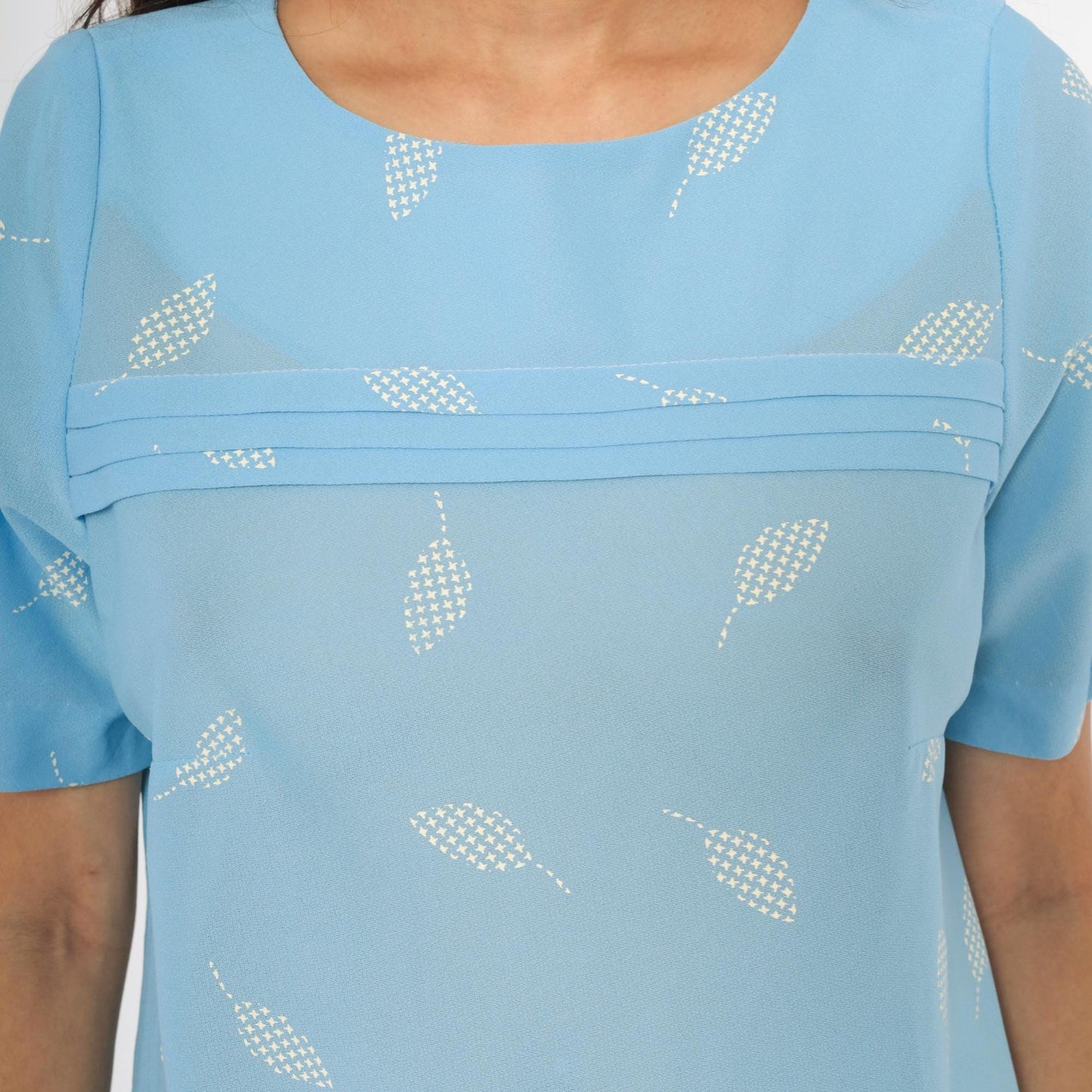 80s Sky Blue Leaf Shift Dress White Scattered Pattern Pintuck Medium