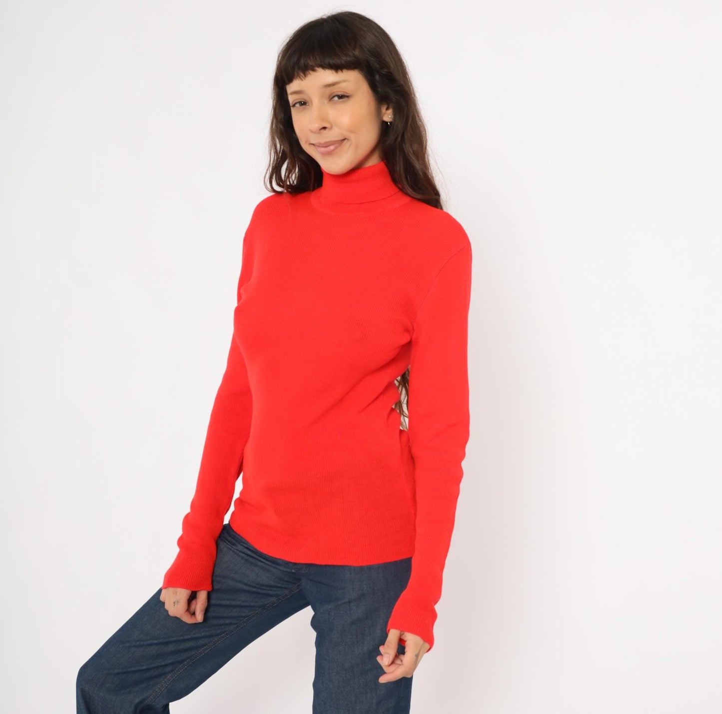 70s Red Turtleneck Sweater Ribbed Knit Pullover Button Cuff Medium Large