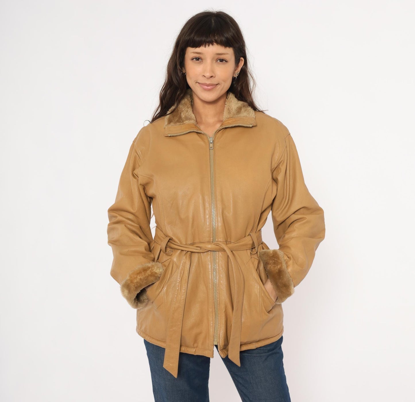 2000s Mny Tan Leather Jacket Fur-Trimmed Collar Belted Hip-Length Small S