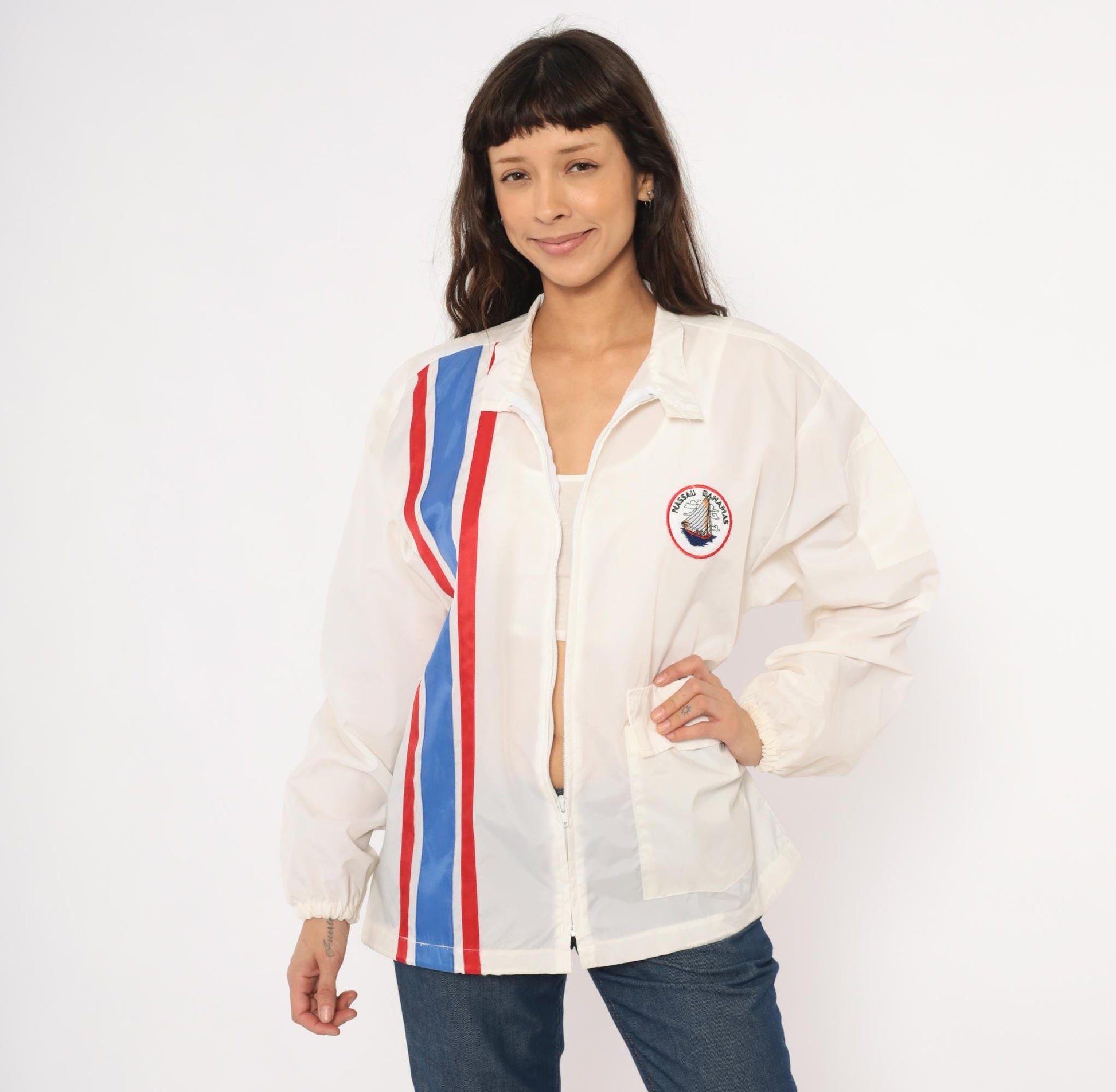 80s Club Nautique Windbreaker White Nylon Nassau Bahamas Sailing Patch Medium