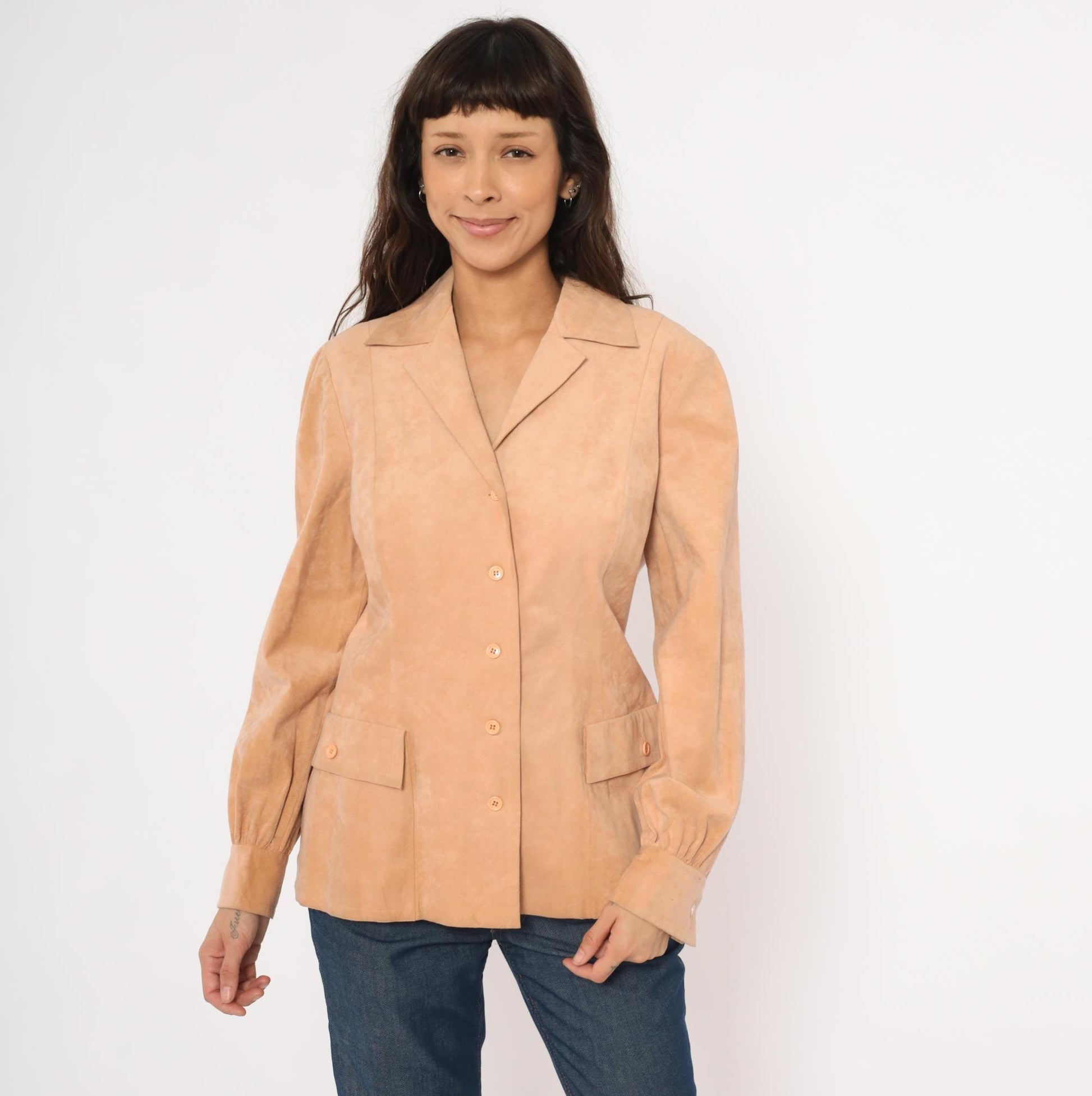 80s Mollie Parnis Tan Suede Blazer Patch Pocket Gathered Cuff Medium M