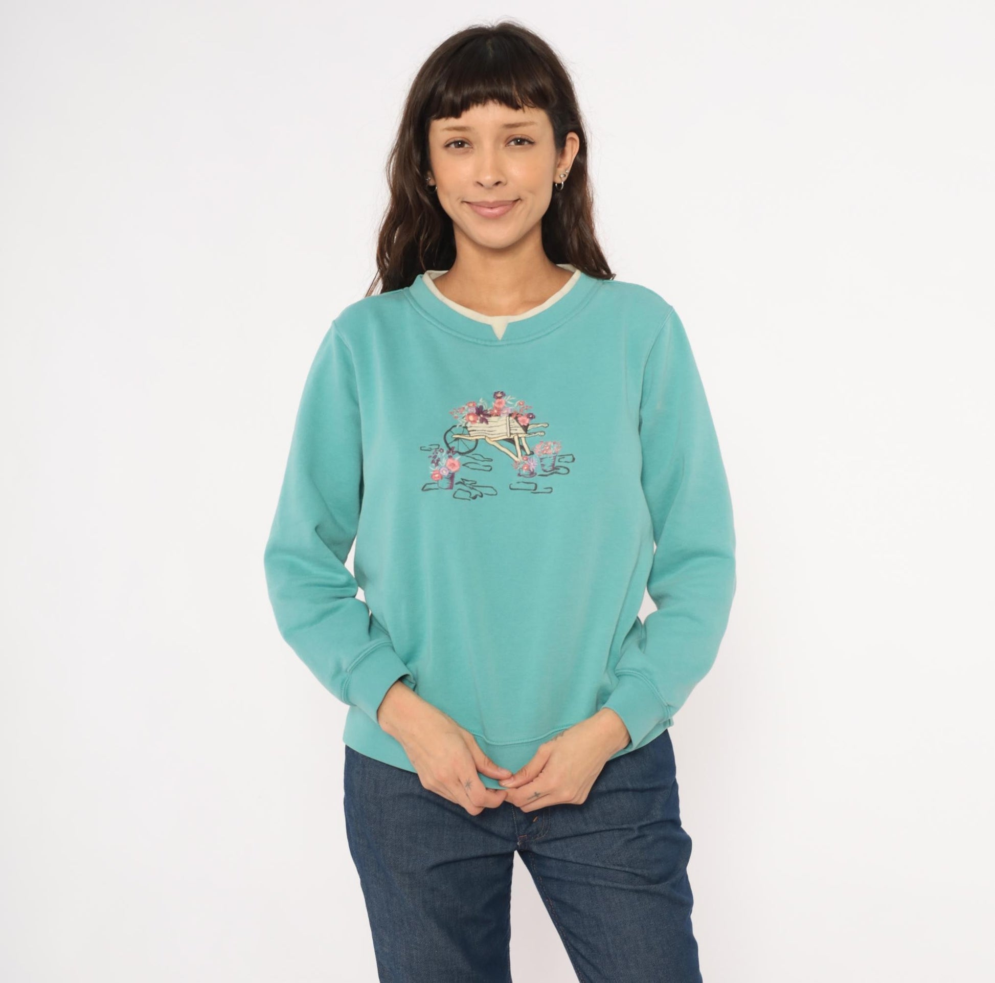 90s Shenanigans Embroidered Garden Wheelbarrow Sweatshirt Teal Medium