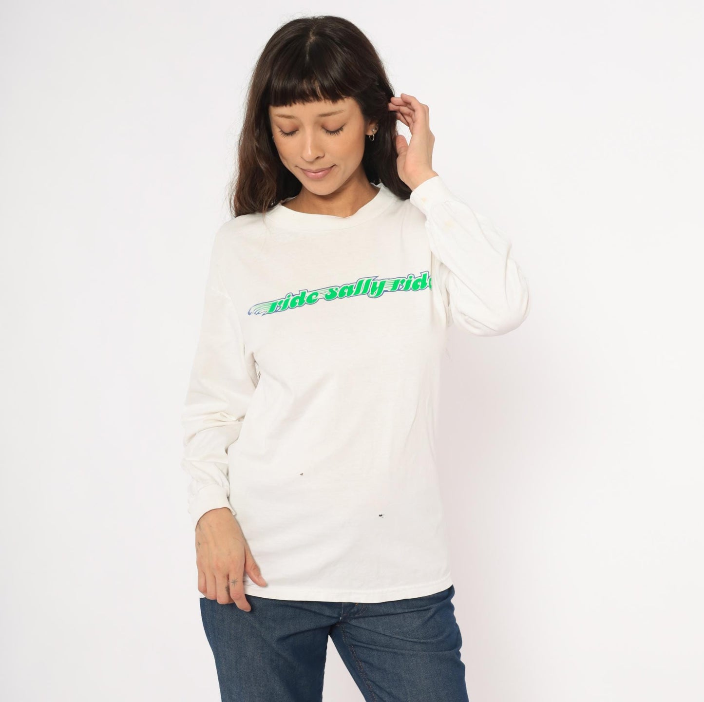 90s Hanes Ride Sally Ride Long Sleeve Tee Green Blue Wing Graphic White Medium M