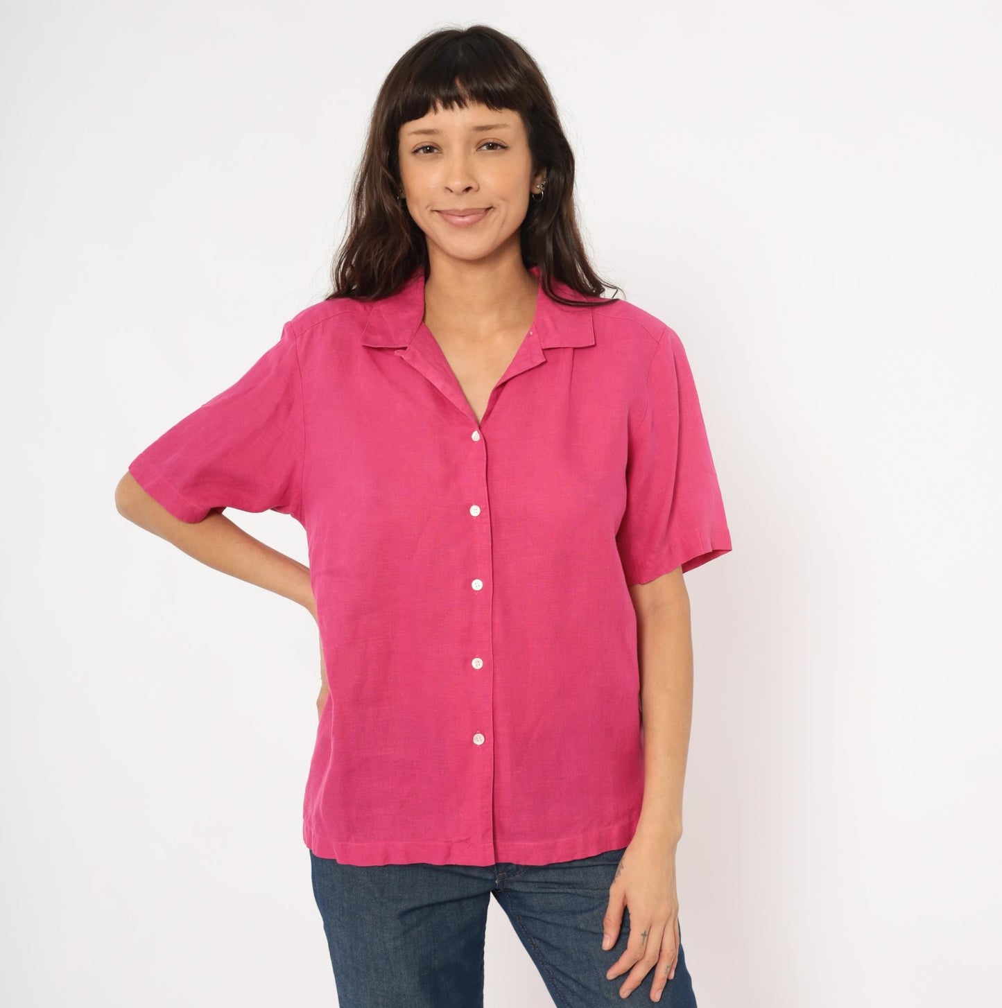 80s Brooks Brothers Fuchsia Linen Camp Collar Shirt Button Front Medium M