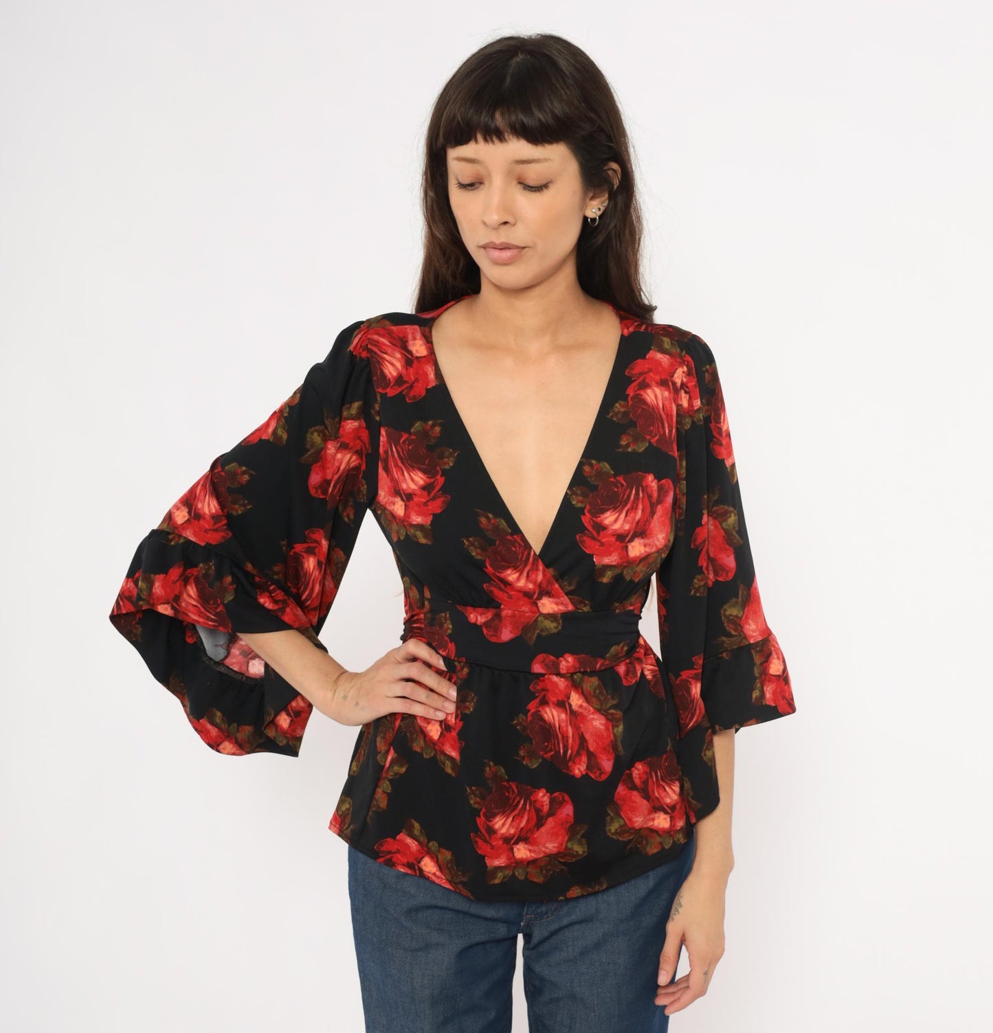 Betsey Johnson 2000s Rose Print Wrap Top Black Bell Sleeve Peplum Small
