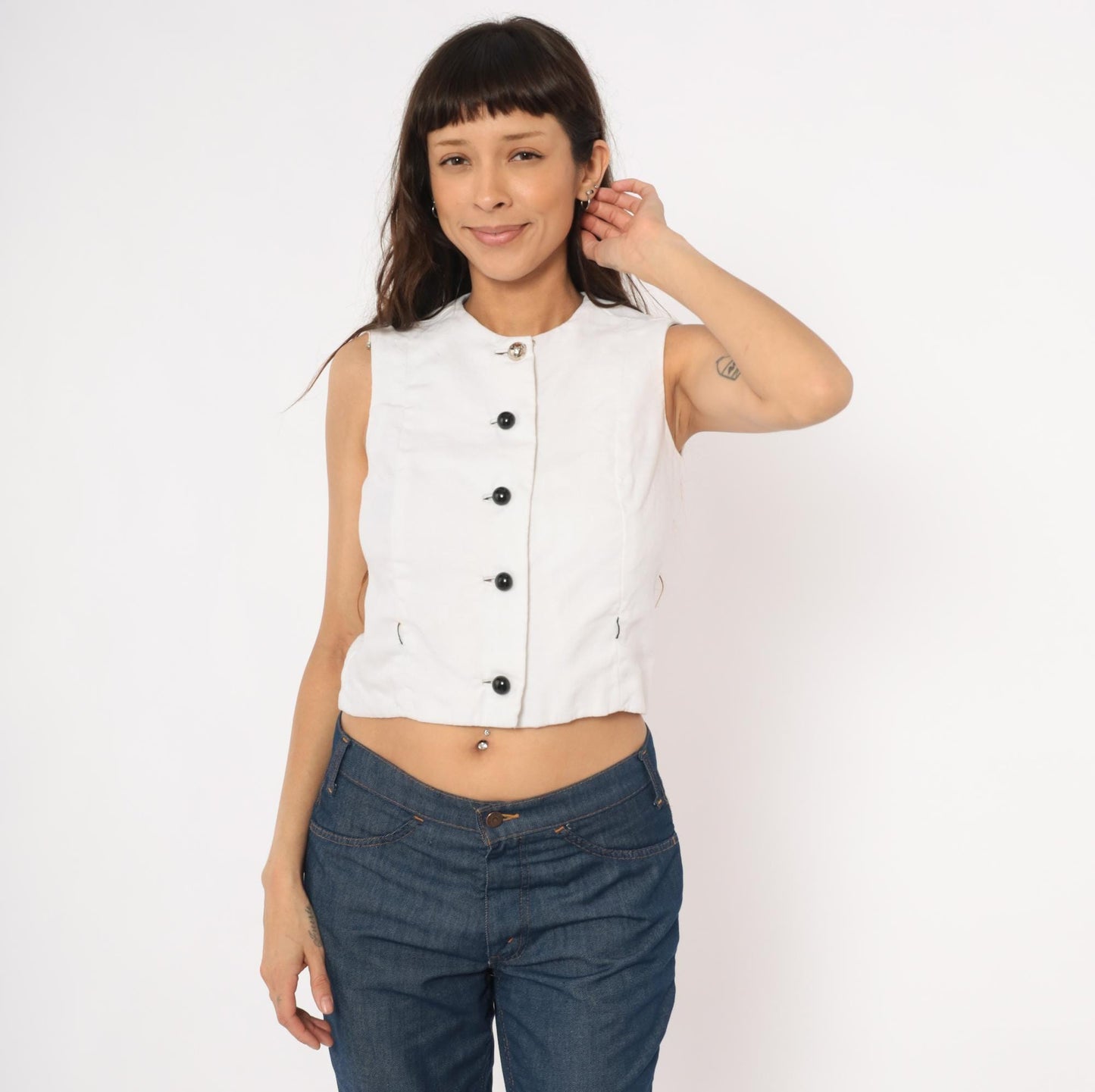 60s Rembrandt Linen Vest White Button Front Sleeveless Crop Top Extra Small XS