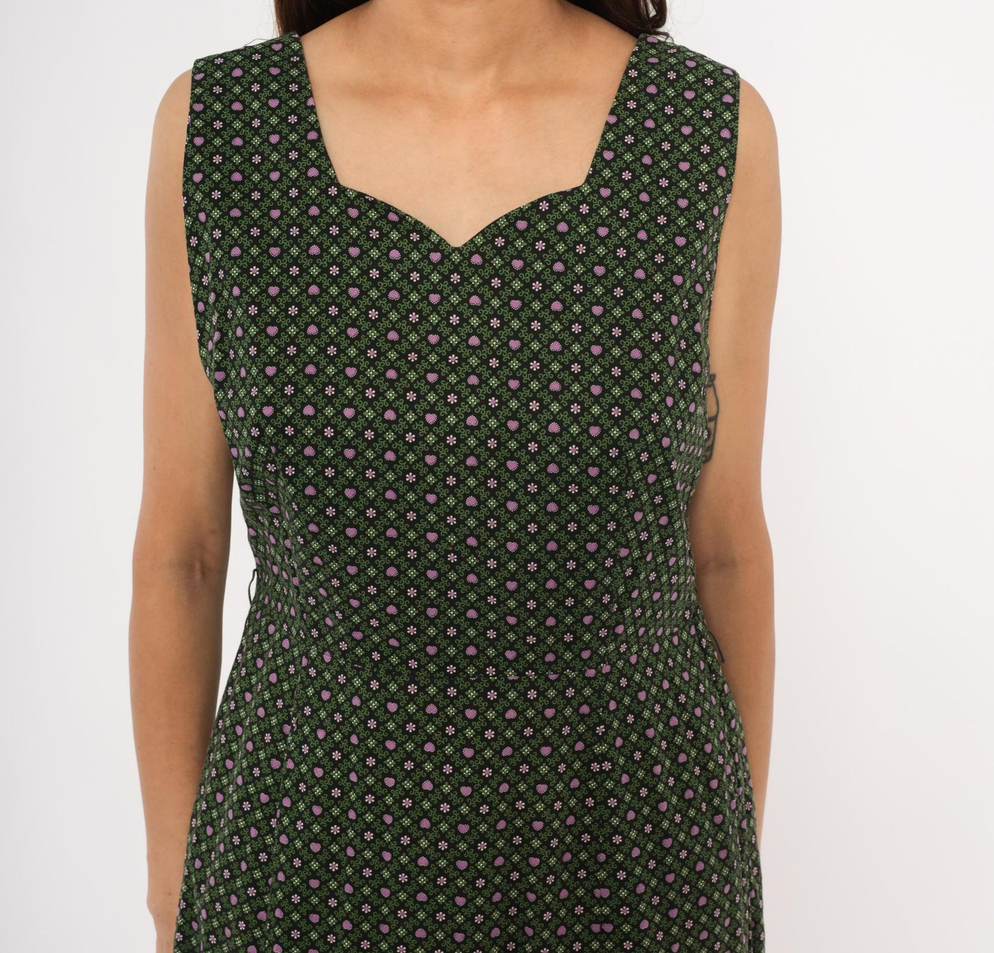 60s Heart Floral Cotton Dress Sweetheart Neckline Pencil Skirt Forest Green Large L