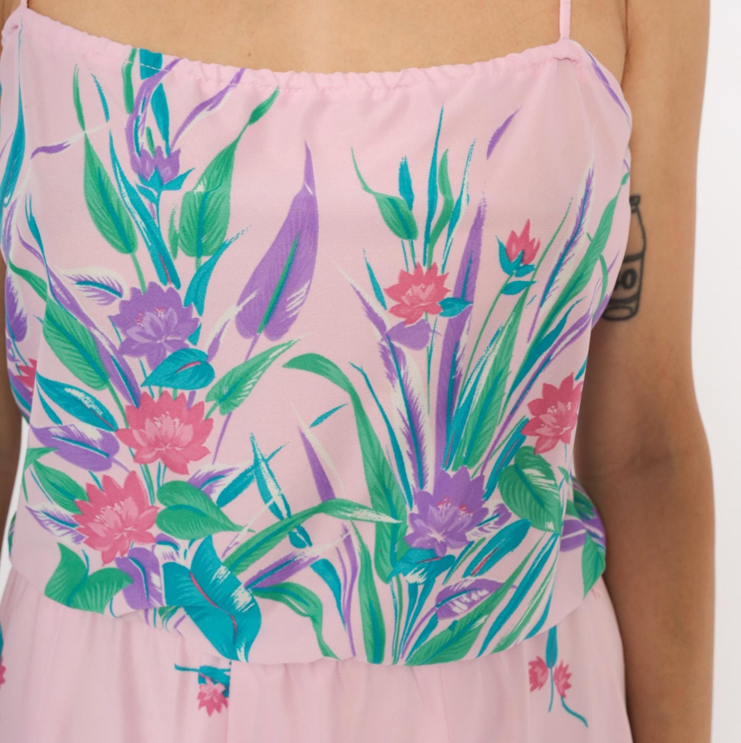 70s Floral Sundress Pink Purple Tropical Print Handkerchief Hem Medium