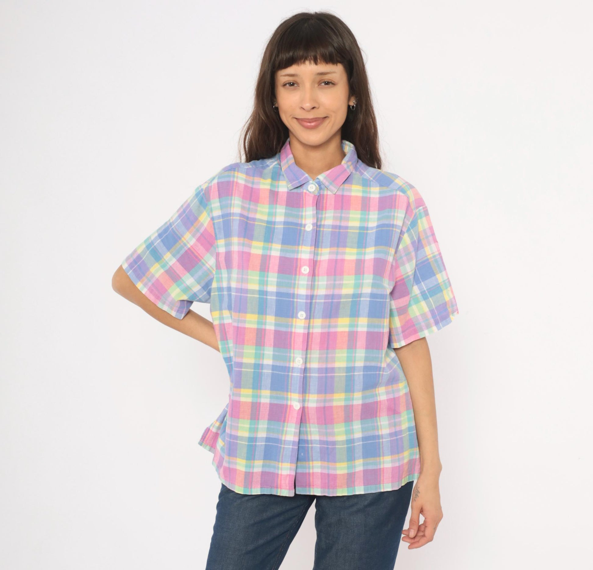 80s Jessica Tyler Madras Plaid Button-Up Blouse Pink Lavender Blue Cotton Large L