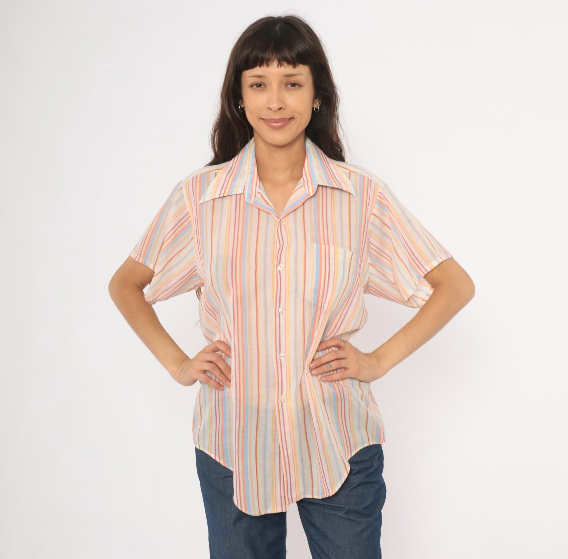 70s Brookdale Striped Camp Shirt Pastel Rainbow Cotton Notched Collar Medium