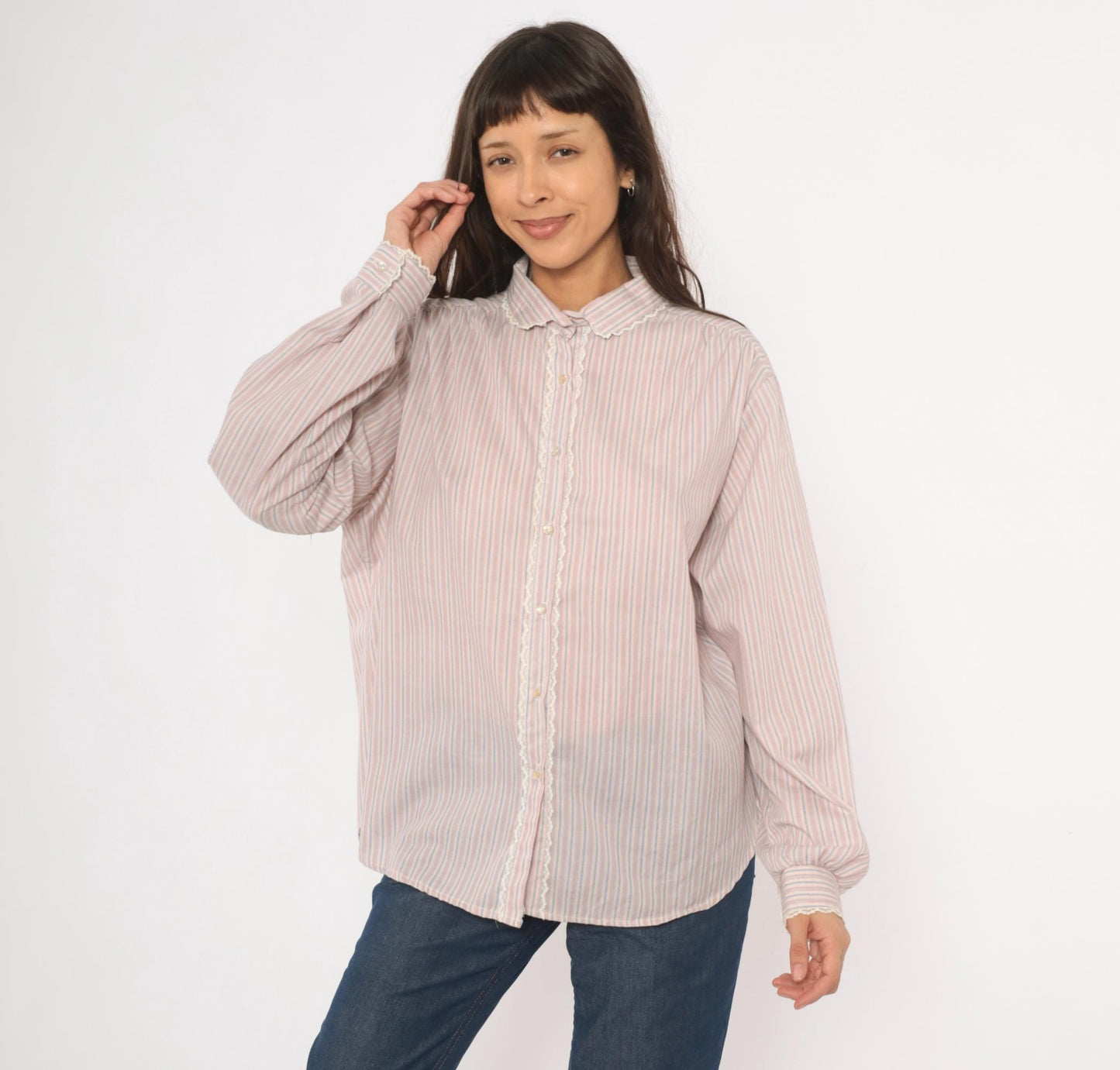 80s Laura Mae Striped Cotton Blouse Peter Pan Collar Lace Trim Extra Large XL