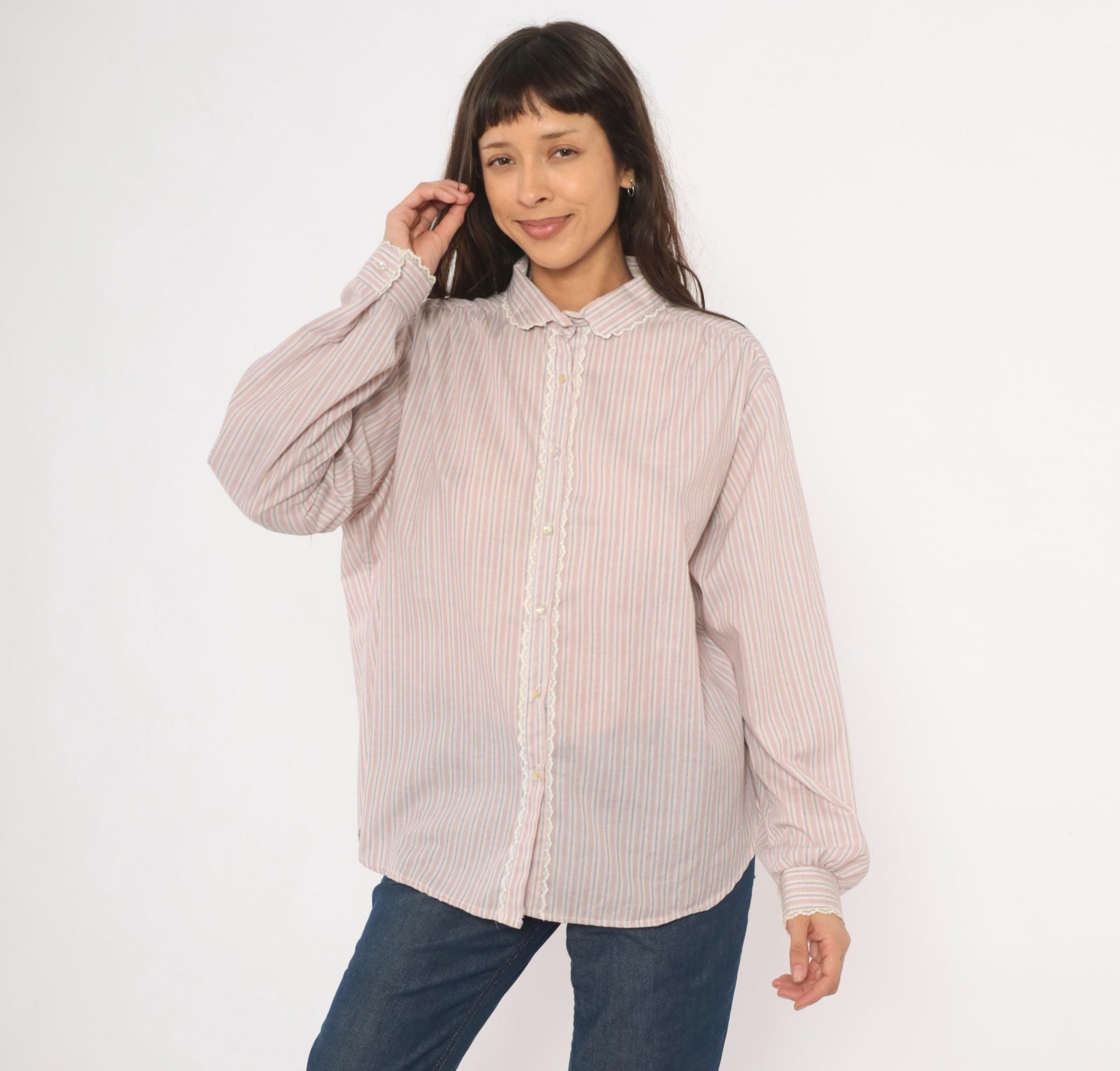 80s Laura Mae Striped Cotton Blouse Peter Pan Collar Lace Trim Extra Large XL