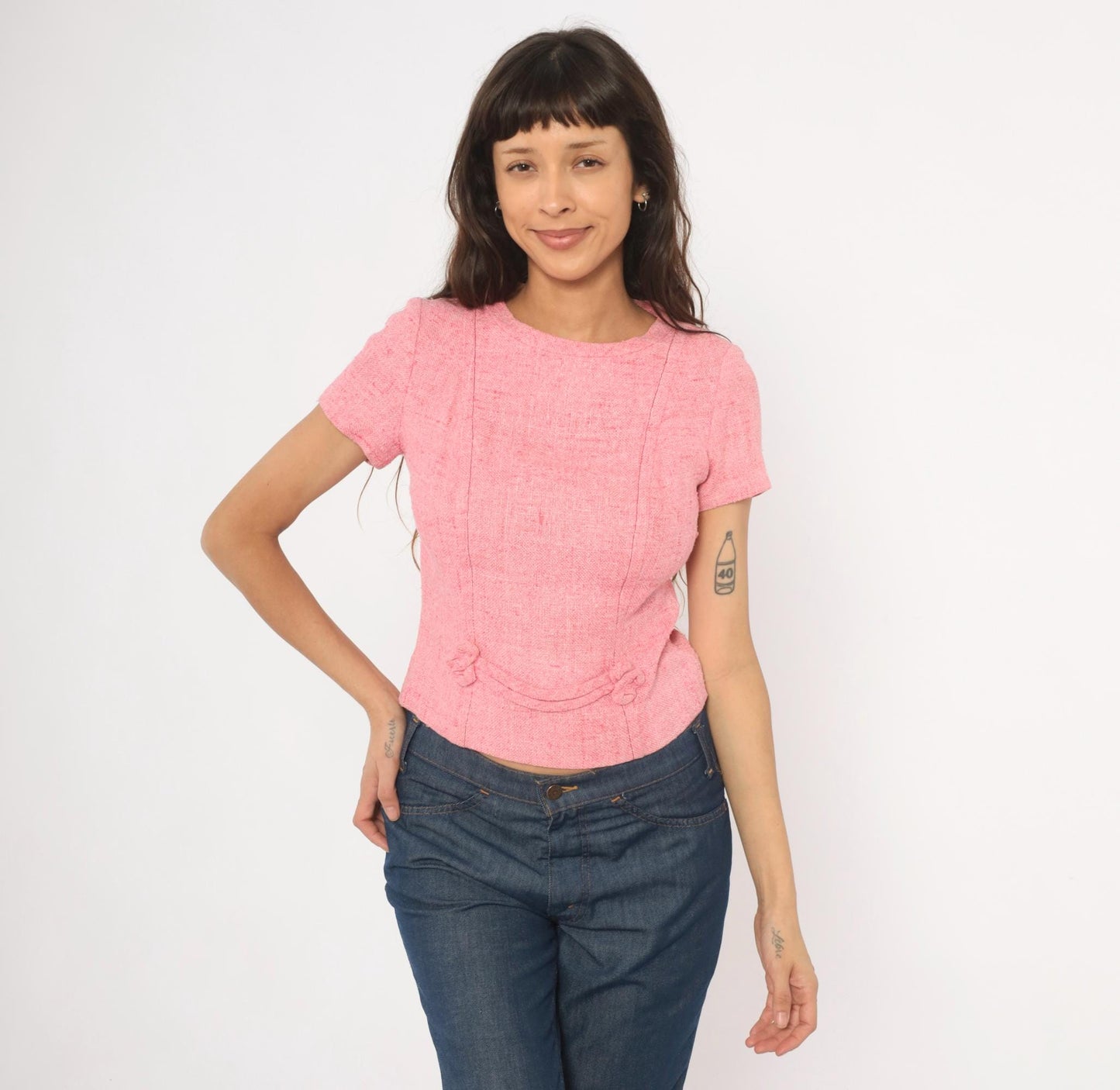 60s Pink Tweed Blouse Scoop Neck Bow Detail Fitted Waist Cotton Small