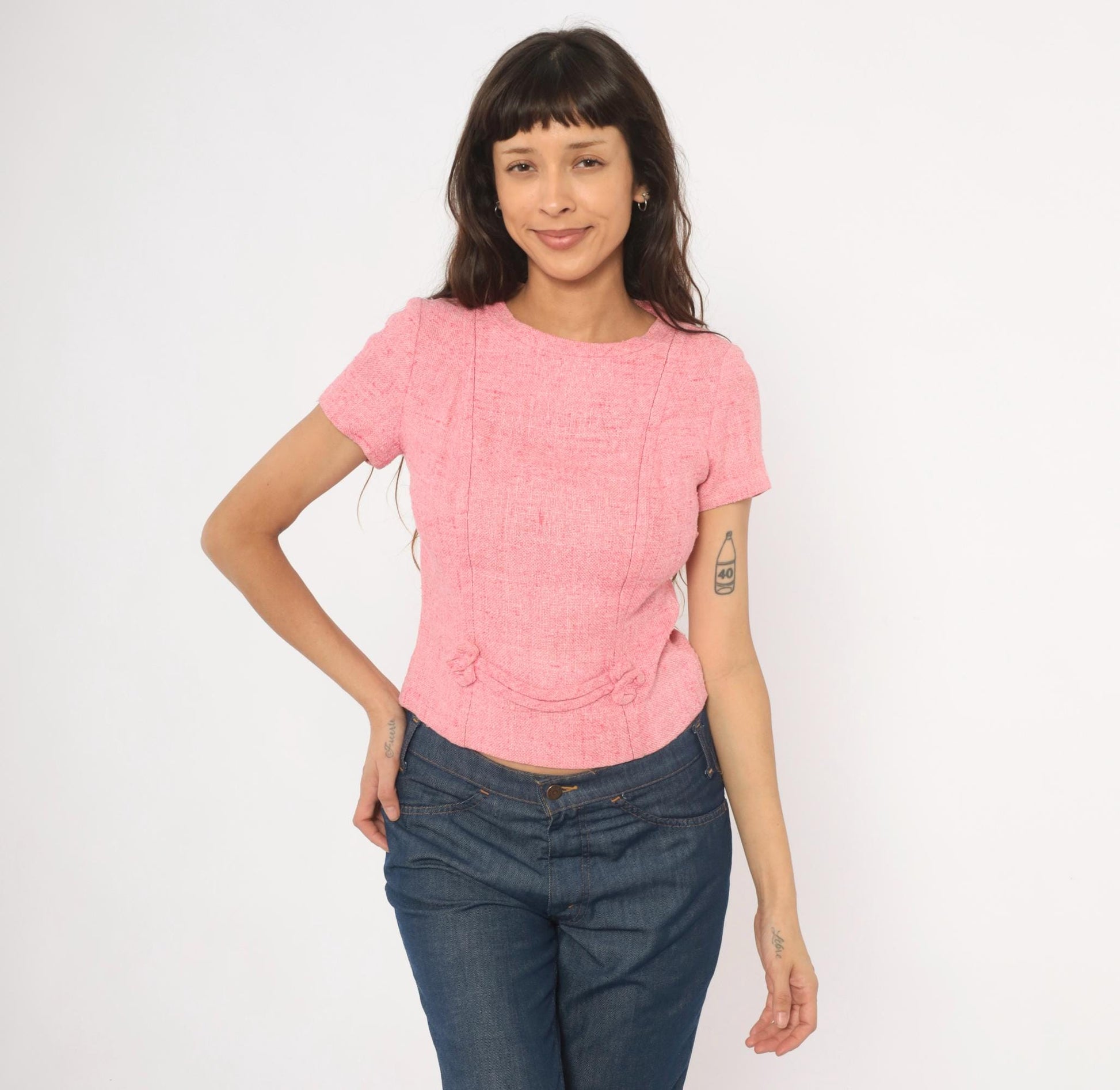 60s Pink Tweed Blouse Scoop Neck Bow Detail Fitted Waist Cotton Small
