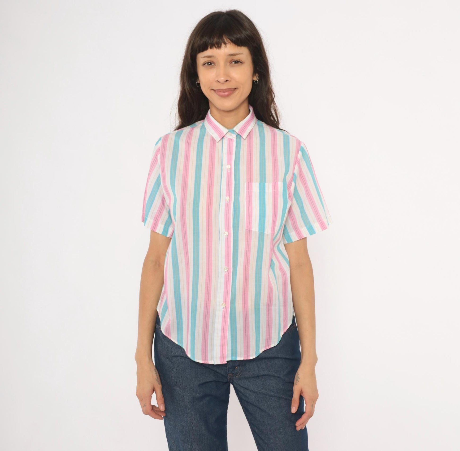 80s Shirtmakers Ltd. Candy Stripe Button-Up Blouse Pink Sky Blue Large L