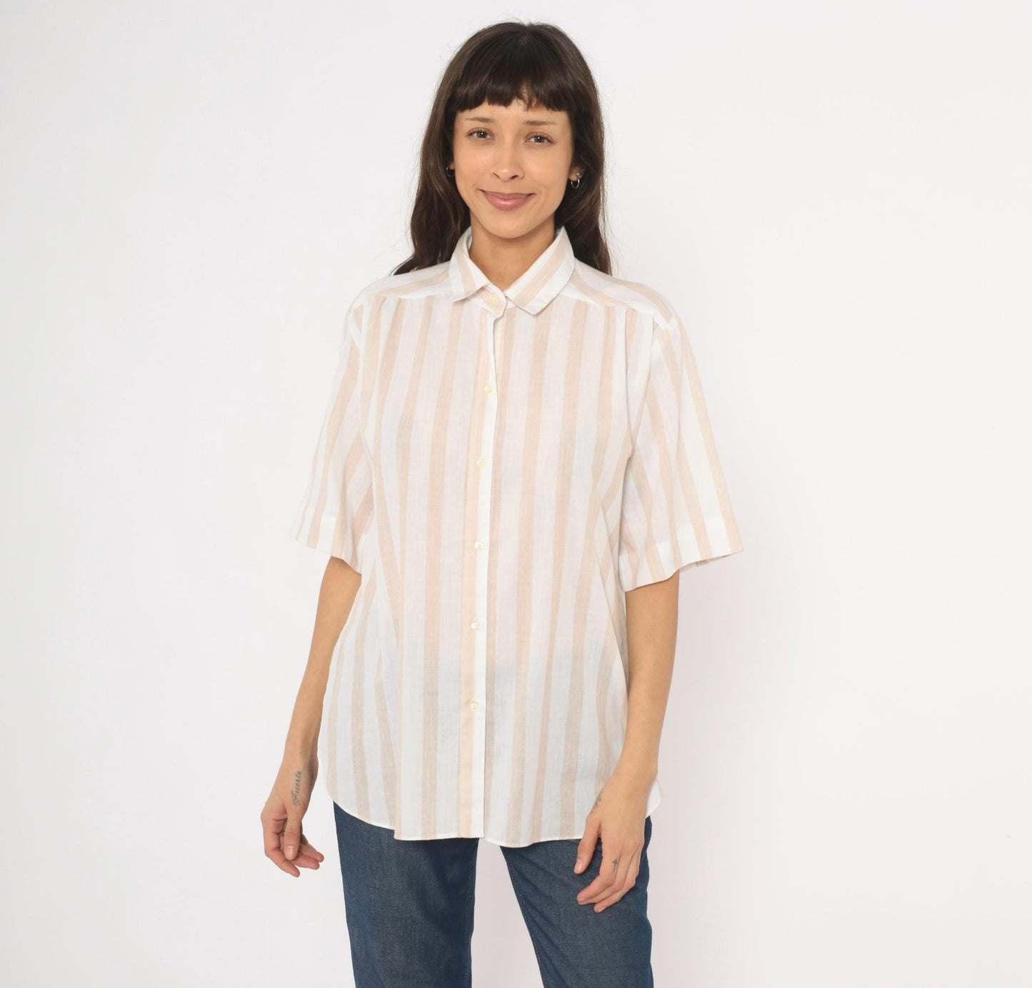 80s All Hours Cream Tan Striped Button-Front Blouse Pointed Collar Large