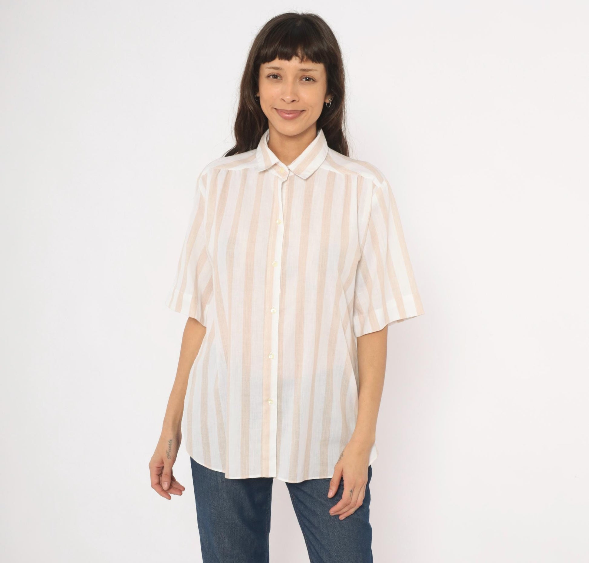 80s All Hours Cream Tan Striped Button-Front Blouse Pointed Collar Large