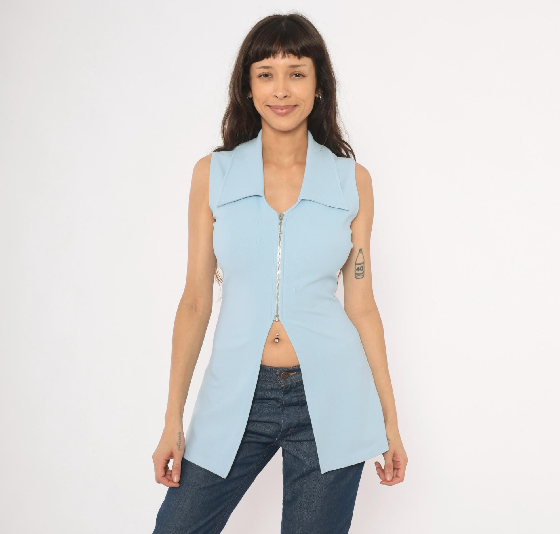 90s Lulyk Baby Blue Sleeveless Peplum Top Silver Zip V-Neck Small S
