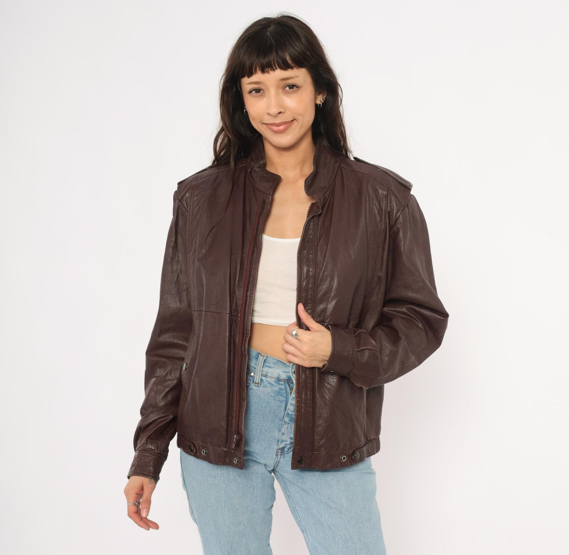 80s Leather Den Burgundy Bomber Jacket Zip Front Moto Coat Medium M