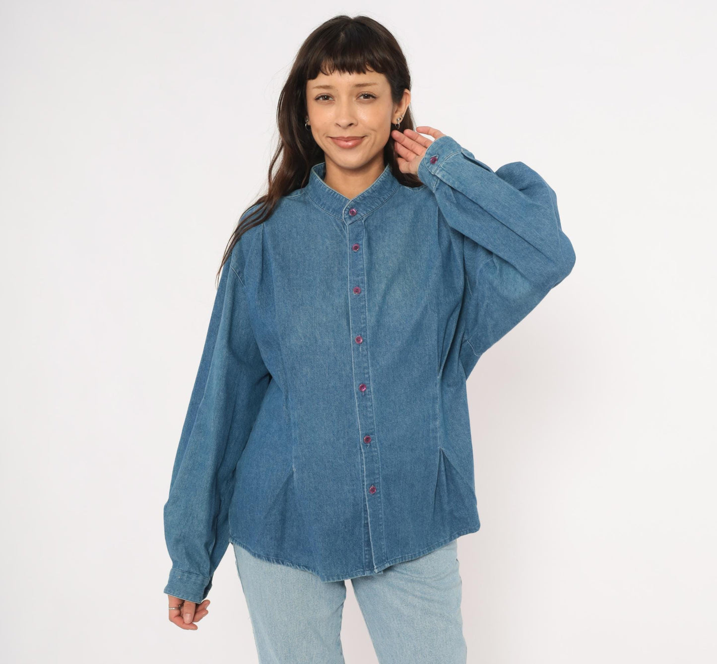 90s International Male Denim Shirt Mandarin Collar Button Front Blue Chambray Large L