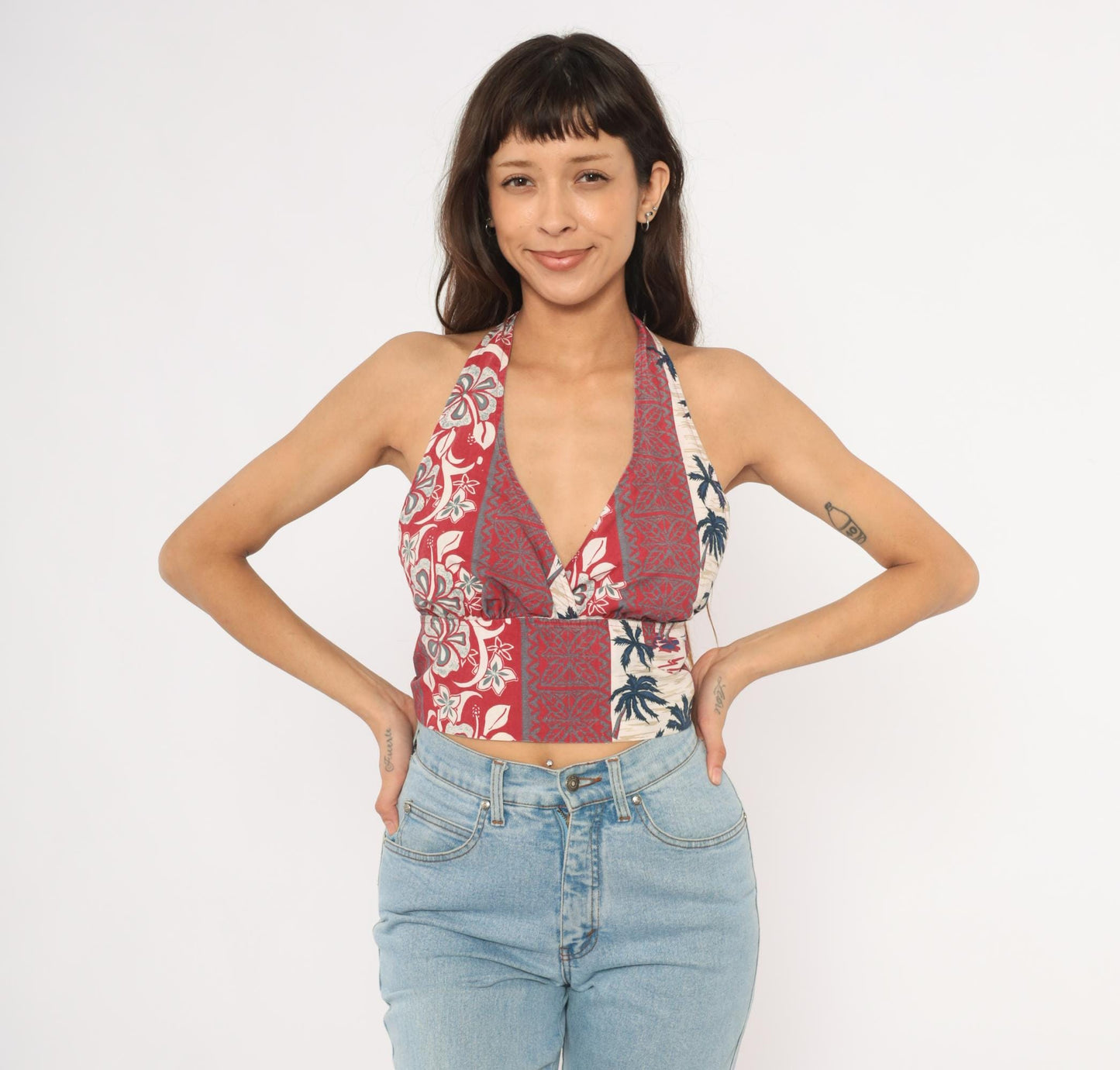 Y2K Hawaiian Halter Crop Top Tropical Print Red Navy Cream Small S