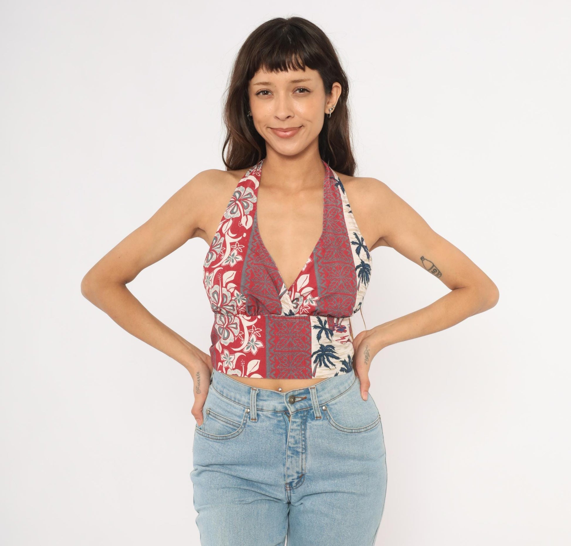 Y2K Hawaiian Halter Crop Top Tropical Print Red Navy Cream Small S