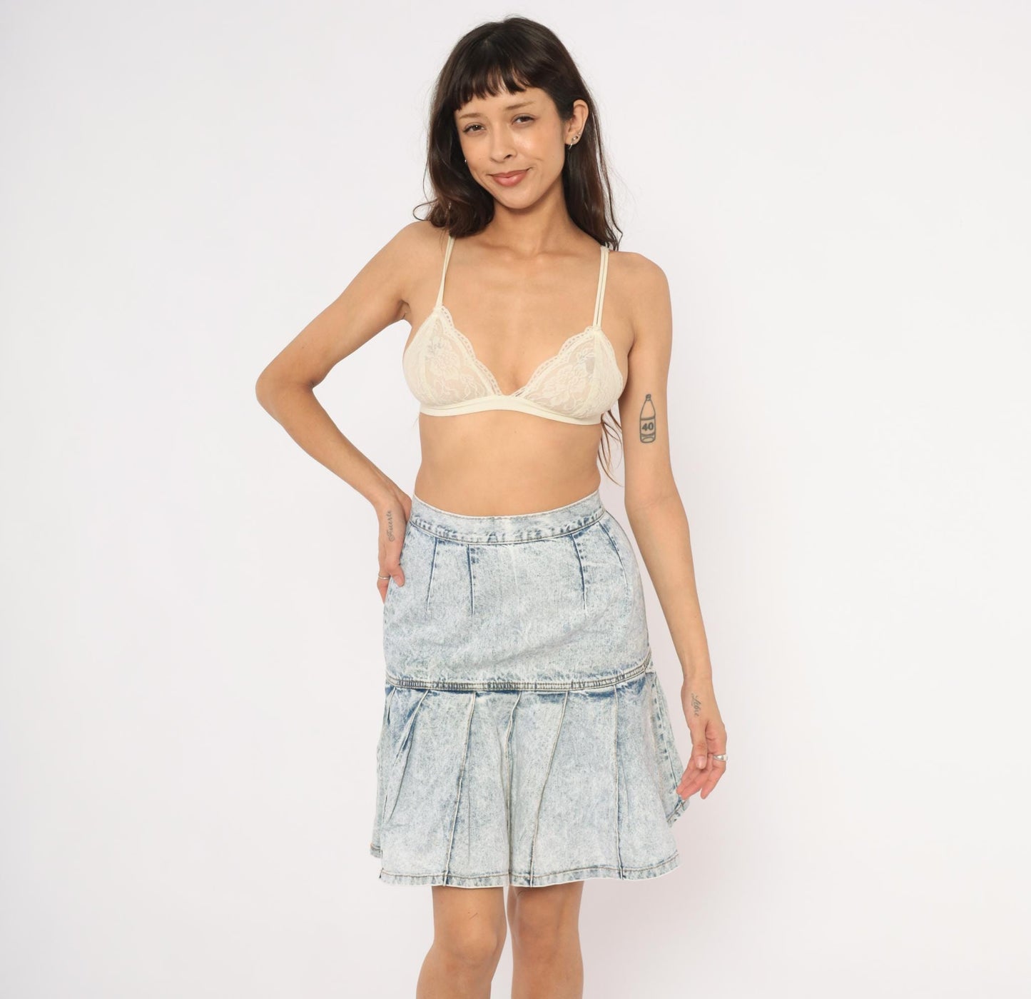 90s Free Agent Acid Wash Denim Mini Skirt Pleated Drop Waist Light Blue Small S