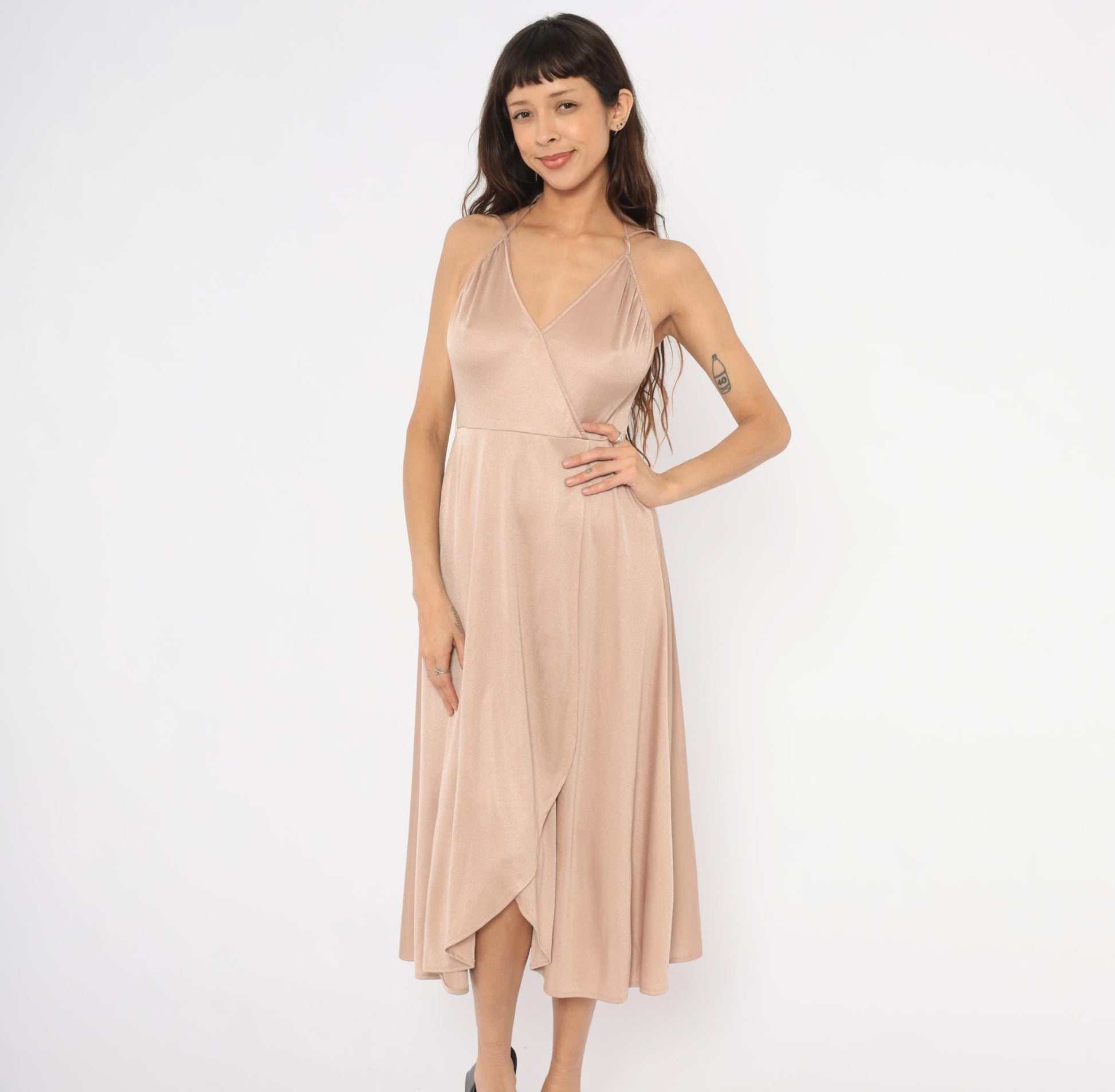 70s Nude Halter Midi Dress Wrap Front Surplice Neckline Tulip Hem Medium
