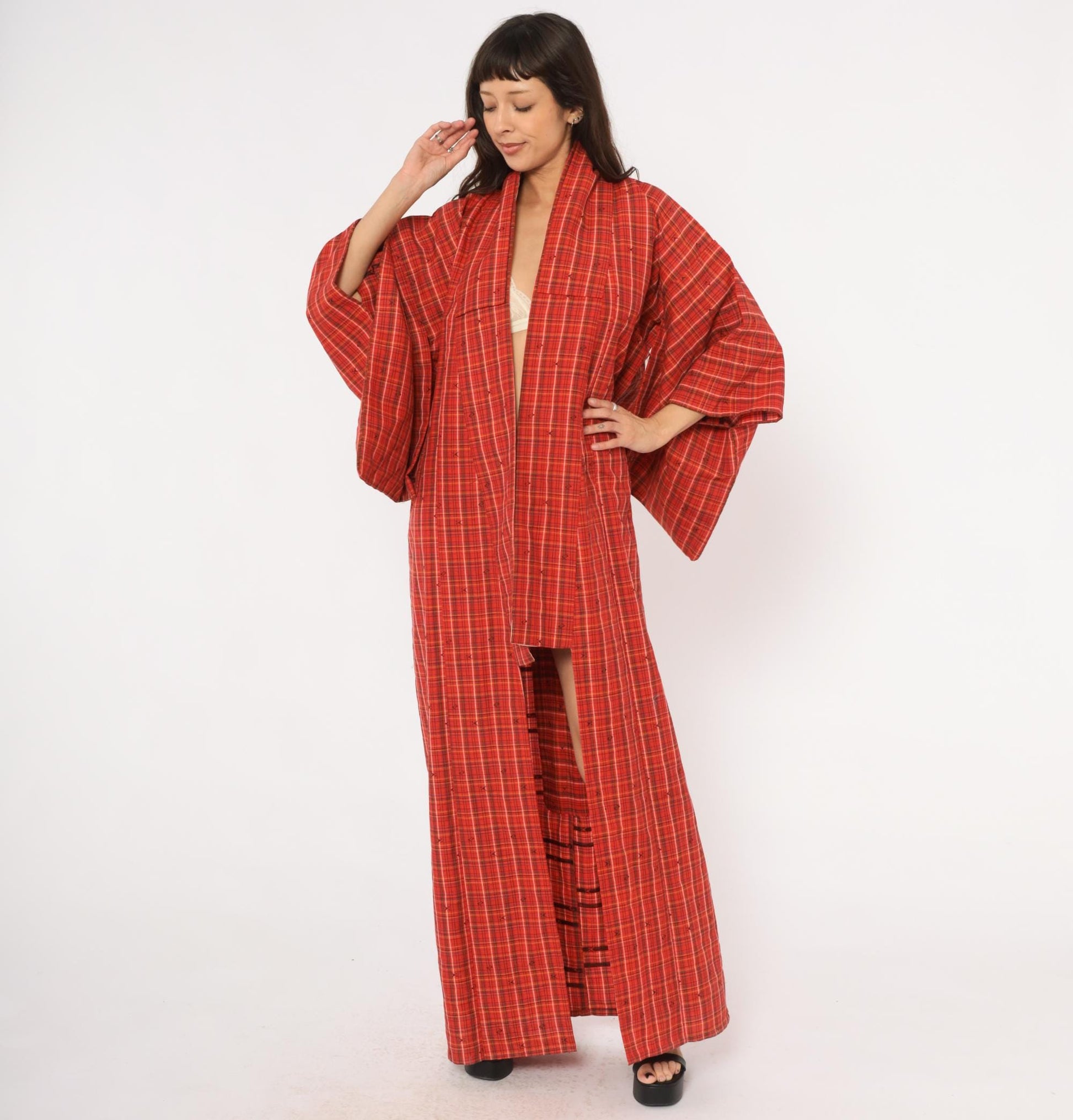 70s Red Plaid Wool Kimono Robe Floor Length Open Front Tartan Duster