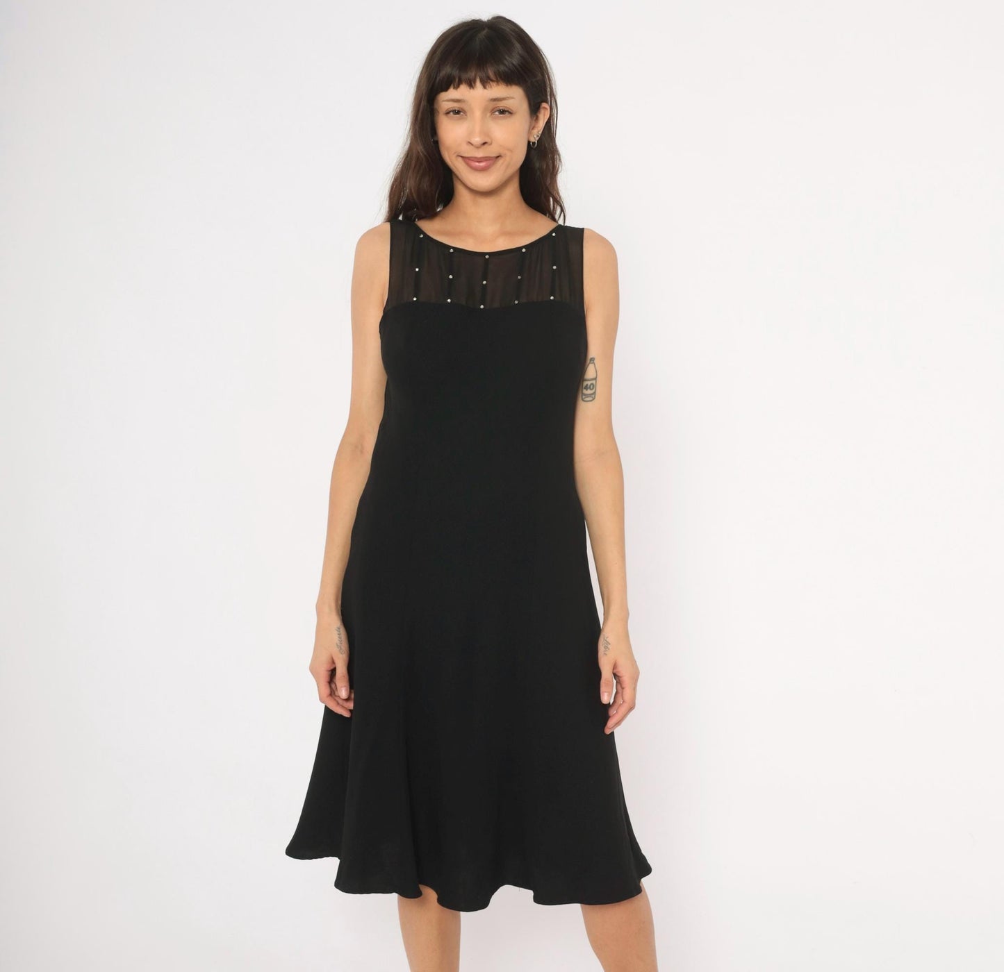 90s Evan-Picone Black Rhinestone Mesh Yoke Knee-Length Dress Medium M