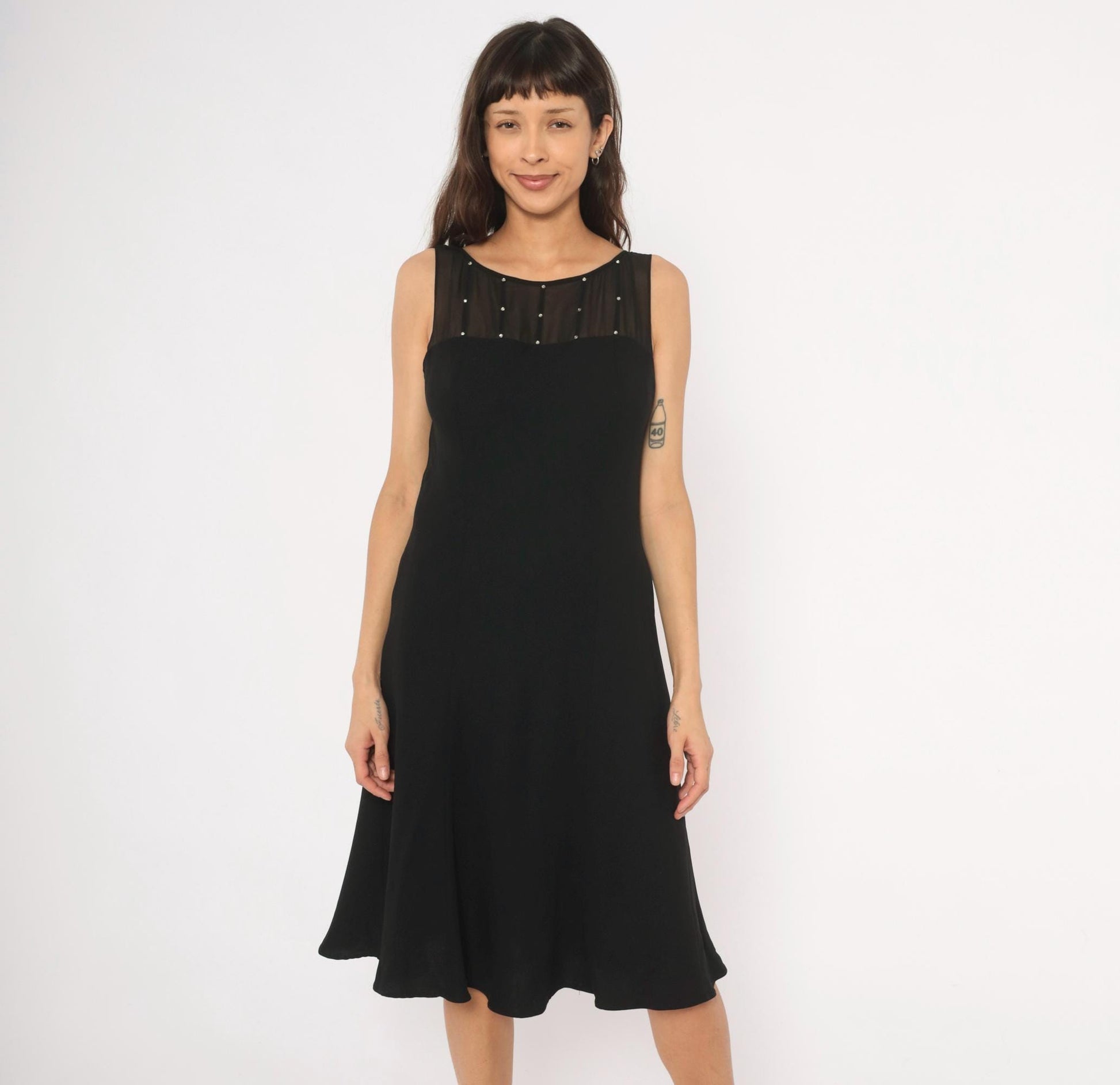 90s Evan-Picone Black Rhinestone Mesh Yoke Knee-Length Dress Medium M