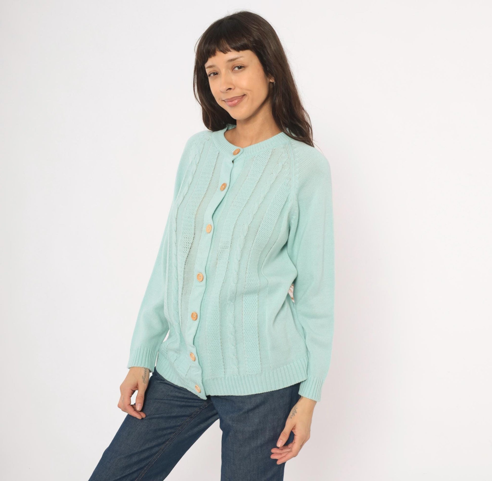 80s Seafoam Cable Knit Cardigan Mint Green Crewneck Medium M