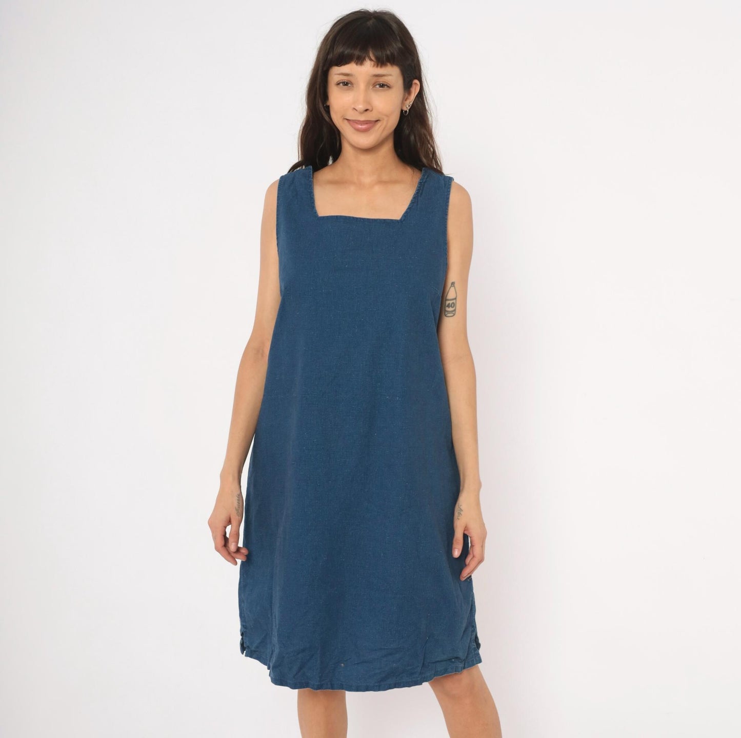 90s Portraits Navy Denim Shift Dress Square Neck Knee-Length Cotton Extra Large XL