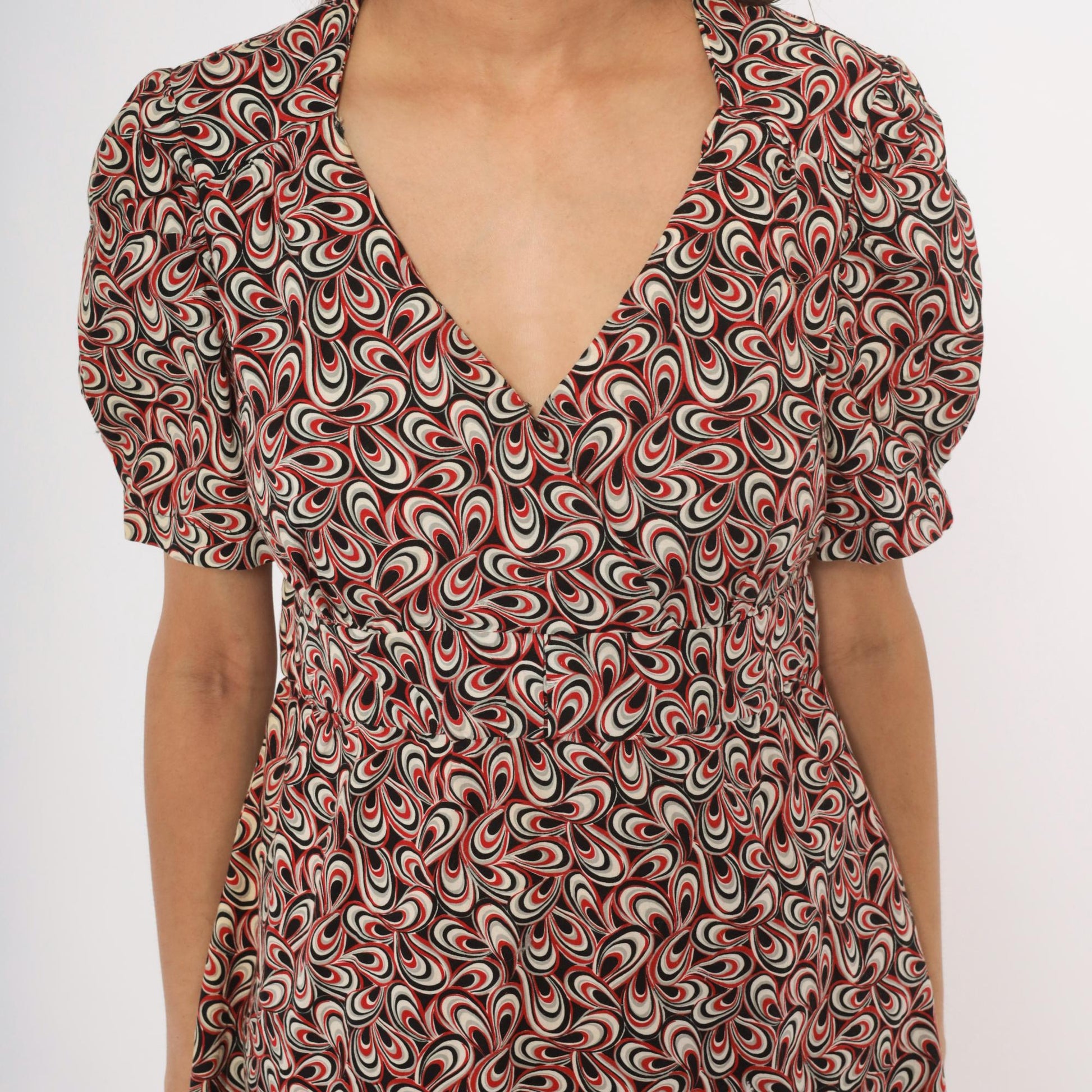 90s Psychedelic Swirl V-Neck Puff Sleeve Dress Red Black White Cotton Large L