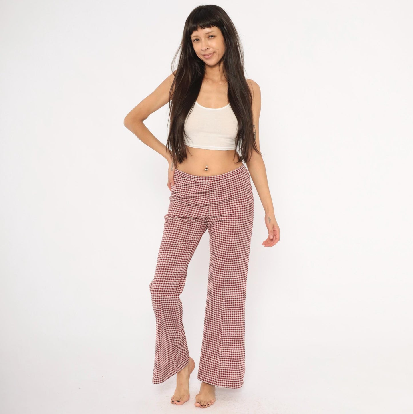 70s Houndstooth Flare Pants Burgundy Cream Low Rise Bell Bottom Medium