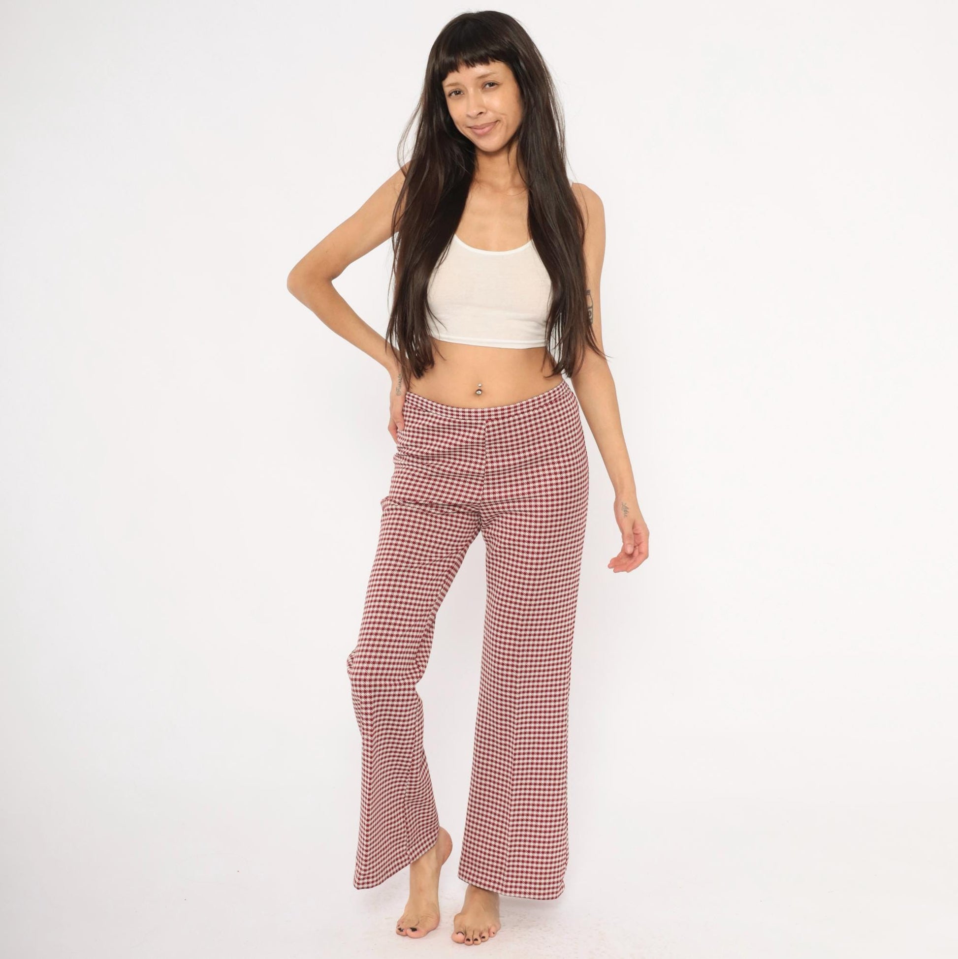 70s Houndstooth Flare Pants Burgundy Cream Low Rise Bell Bottom Medium
