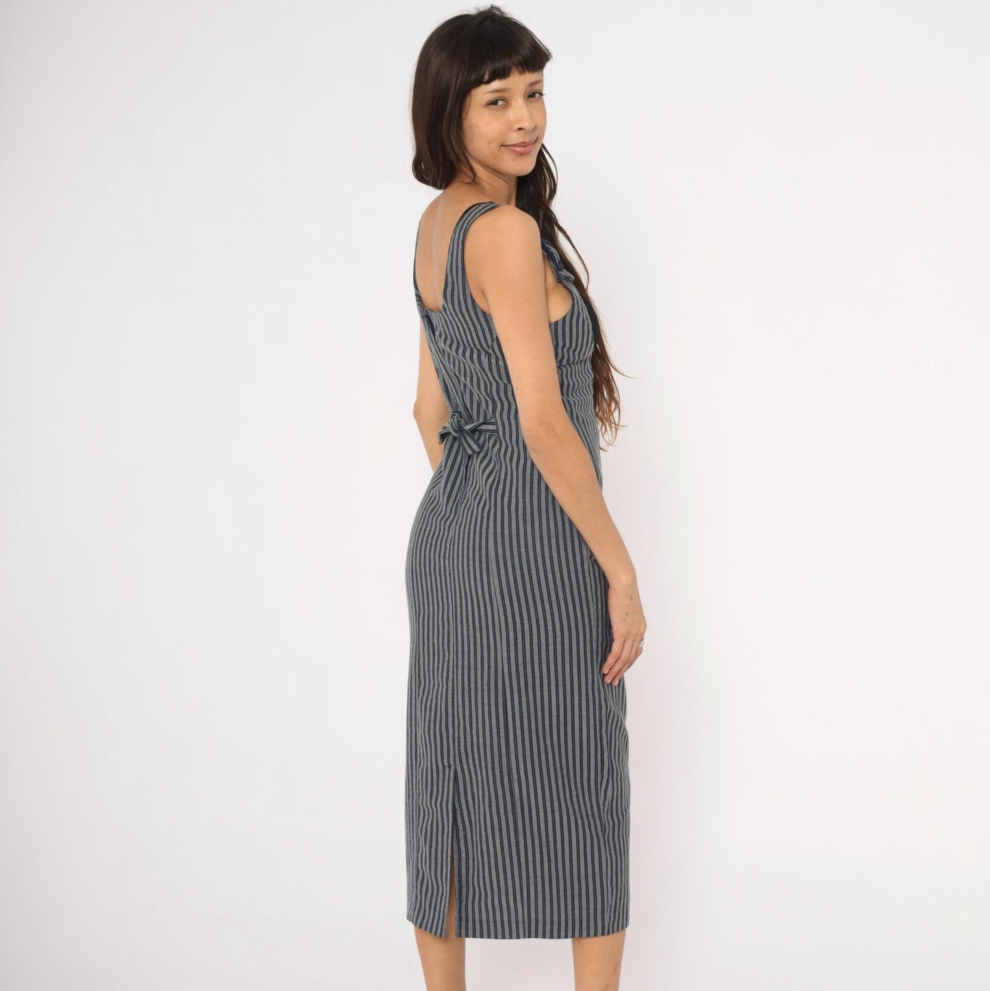 90s Rampage Navy Grey Pinstripe Midi Dress Fitted Sleeveless Small S